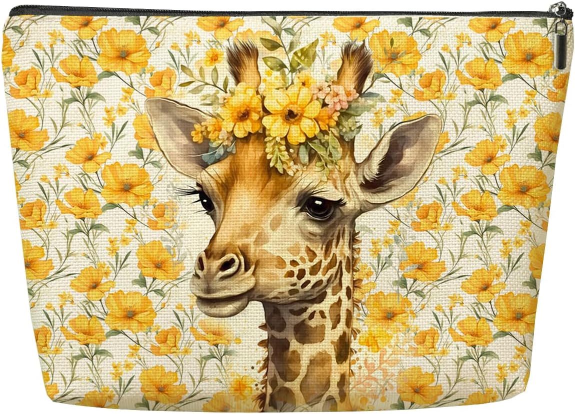 Yellow Flower Western Giraffe Makeup Bag - Cowgirl Cosmetic Bag for Women & Girls - Giraffe Lovers Gift - Mothers Day, Graduation, Christmas, Birthday Present