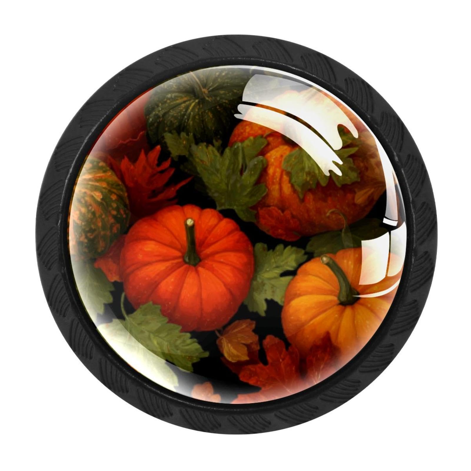 CHENZZZZ 4 Pack Fall Pumpkins Leaves (3) Dresser Drawer Cabinet Knobs Black Round Drawer Knob Pull Handle with Screws for Kitchen Wardrobe Cupboard Furniture Decor
