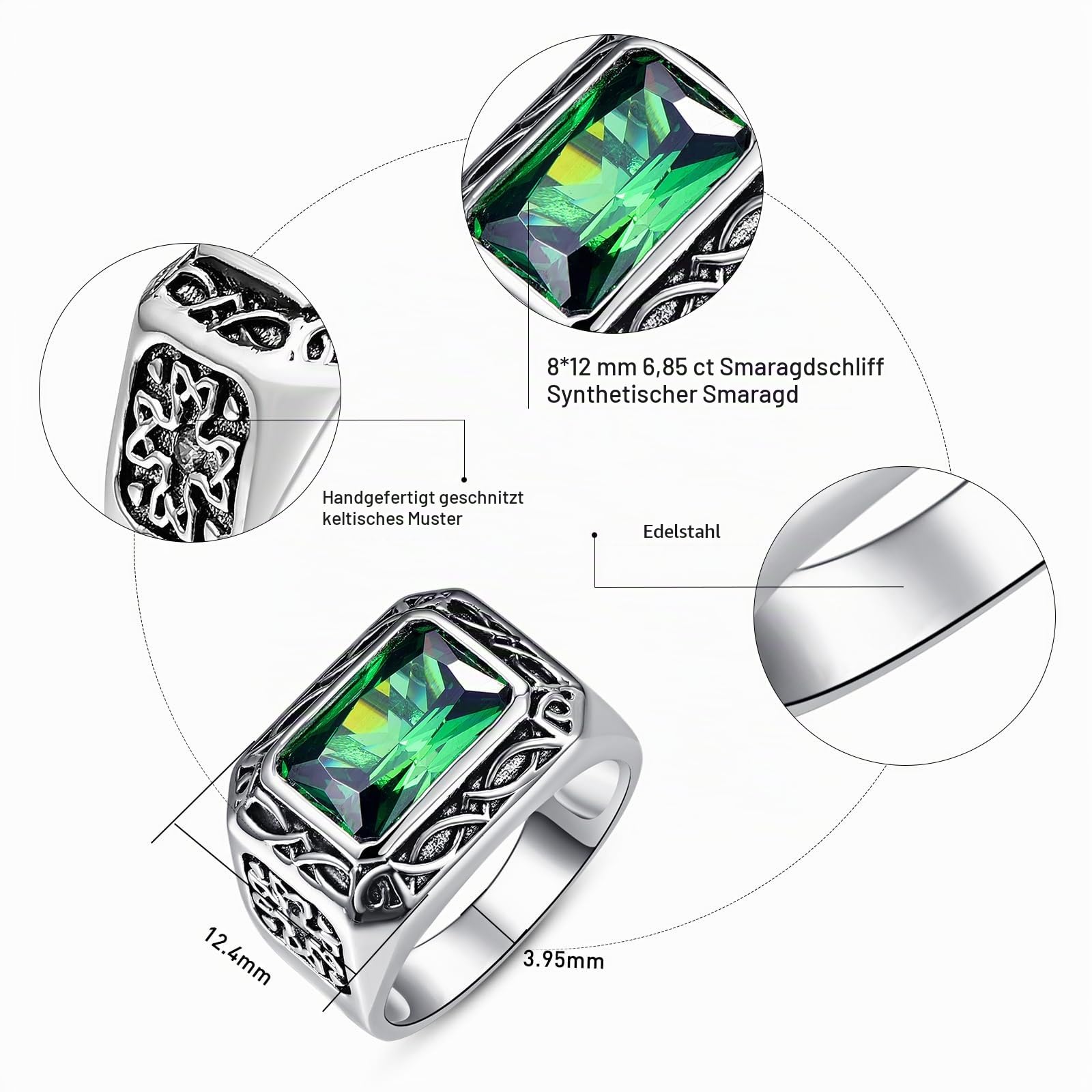BONLAVIE Herren Ringe 6.85CT Simulierte Smaragd Ringe Edelstahl Siegelring Herren Vintage Silberring Verlobungsring Schmuck für Männer