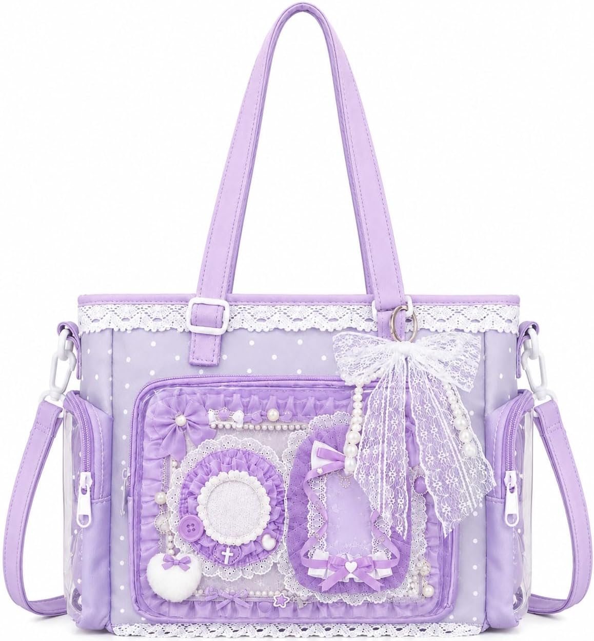 Ita Bag with DIY Accessory Kit - Clear Window Y2K Kawaii Lace Crossbody Bag with Display Insert for Pins & Button Badges