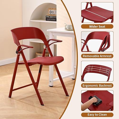 Miniatura 5 de Silla de oficina con brazos, color rojo, paquete de 2 sillas plegables de plástico, cómodas sillas de comedor apilables, silla plegable portátil con