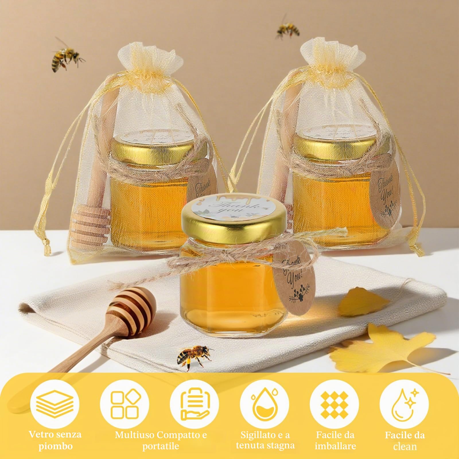 20 Pack 45ml Mini Vasetti per Miele Esagonali in Vetro, con Mestolo in Legno, Carte, Ciondolo a Forma di Ape, Ciocche di Canapa, Perfetto per baby shower, nozze e bomboniere di festa