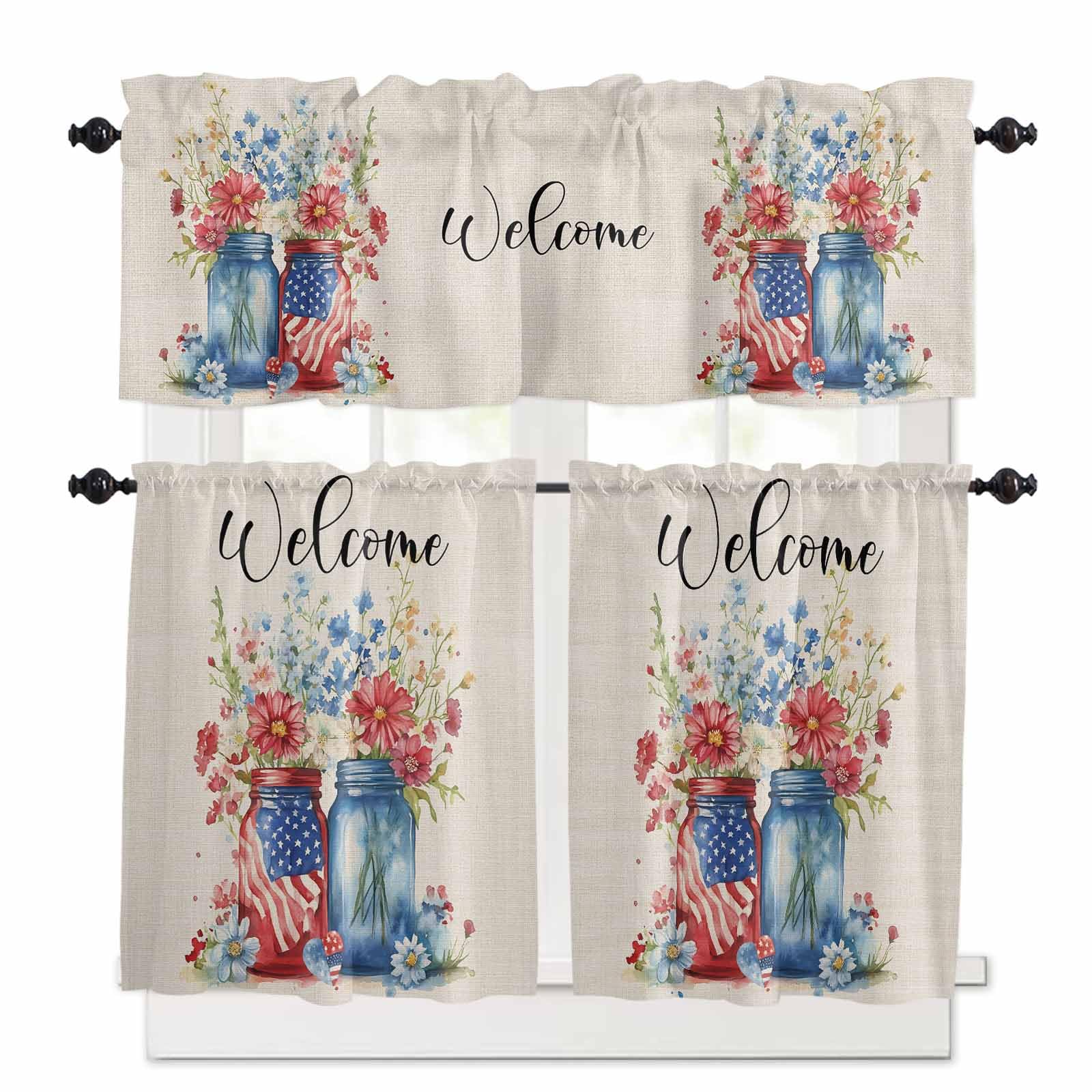 4th of July Kitchen Curtains 36 Inch Length,3 Piece Rod Pocket Small Half Tiers and Valance Set,Independence Day Spring Floral US Flag Retro Small Large Window Treatment Decor for Bedroom/Bathroom