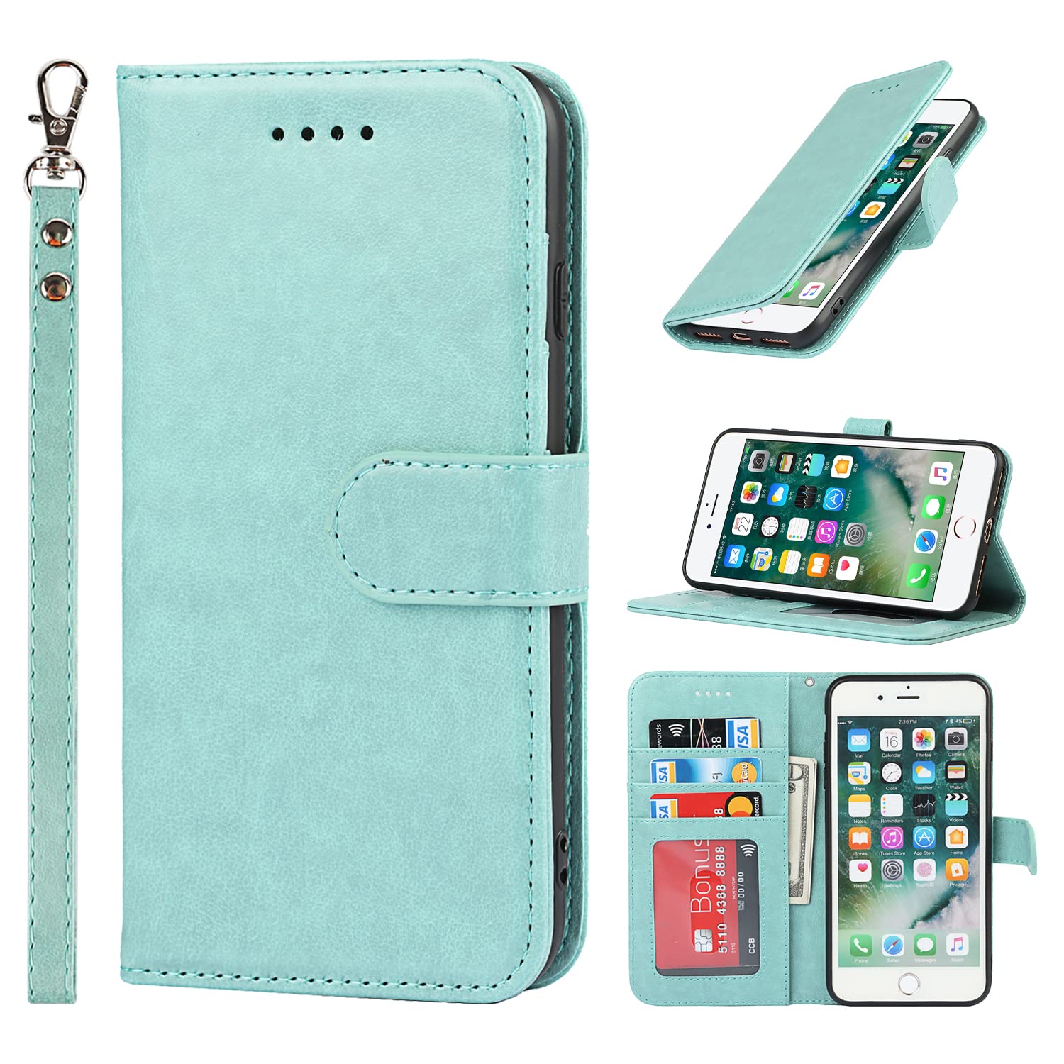 SailorTech iPhone 7 Plus/8 Plus Wallet Case, Premium PU Leather Case Flip Cases Folio Cover with Kickstand TPU Shockproof Card Slots Holder Magnetic Buckle Phone Protective Case - Light Green