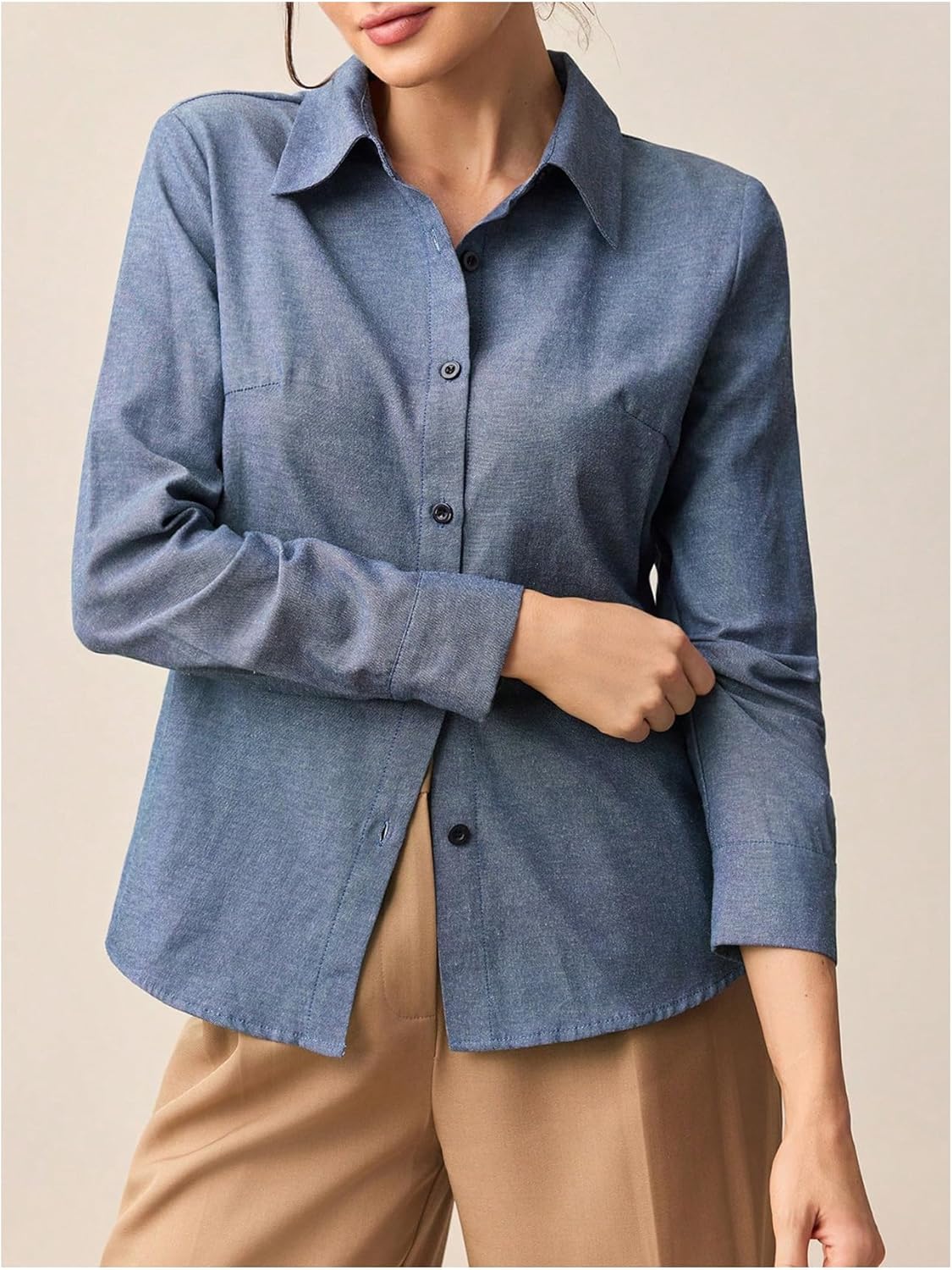 Women's Denim Button Down Shirts Vintage Long Sleeve Collared Jean Tops Fall Work Office Blouses - Image 3