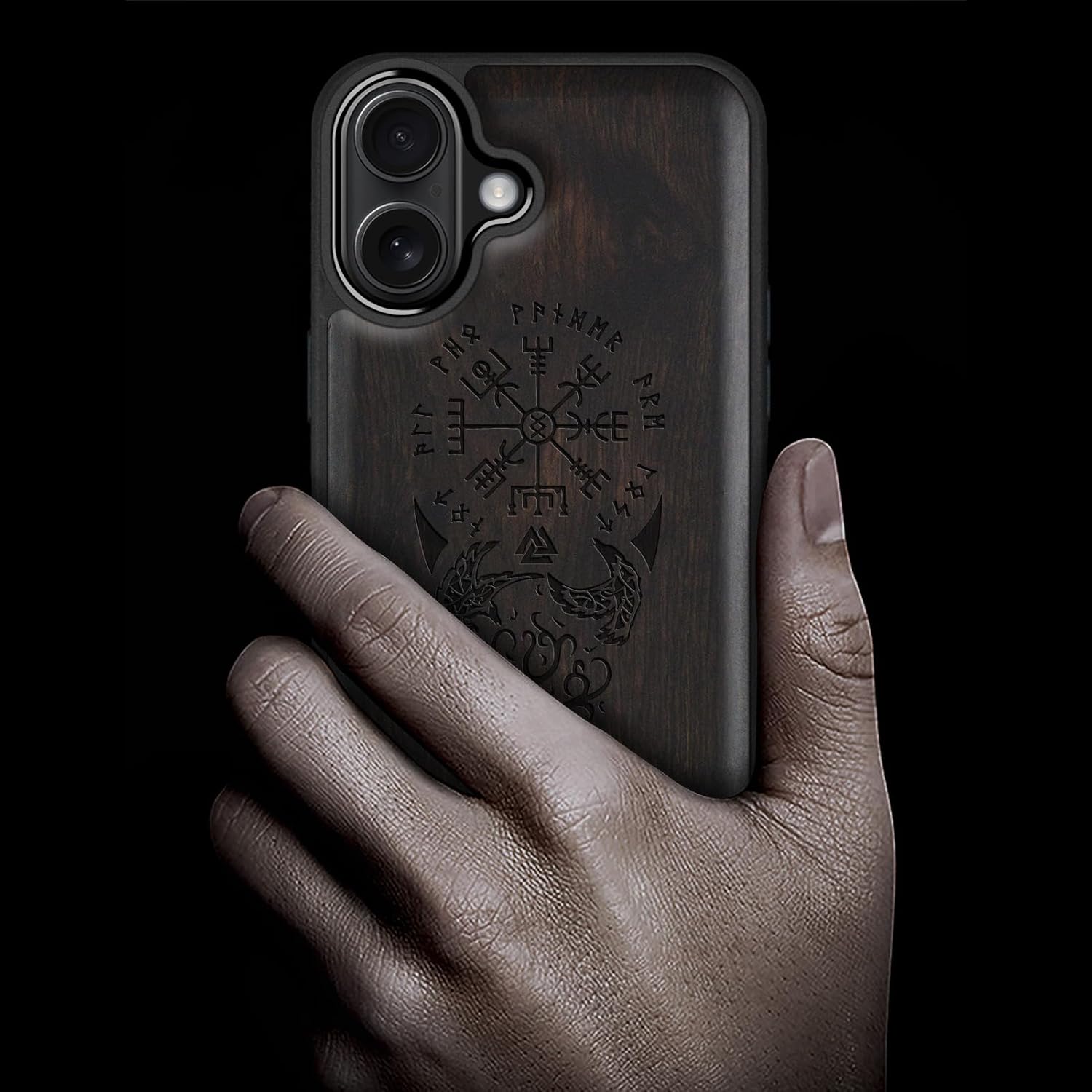 Carveit Magnetic Wooden Case for iPhone 17 Case, Wood Artisan Engraved & Black Soft TPU Shockproof Cover, Compatible with MagSafe Wireless Chargers (The Guiding Vegvisir) Blackwood