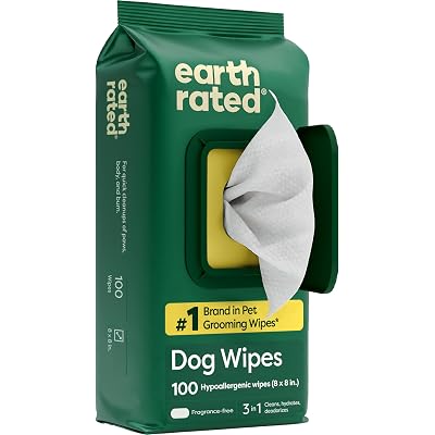 Earth Rated Pet Wipes for Dogs and Cats, Hypoallergenic, 3-in-1 Cleaning, Deodorizing and Hydrating, for Grooming Paws, Body and Butt, Unscented, 100 Count
