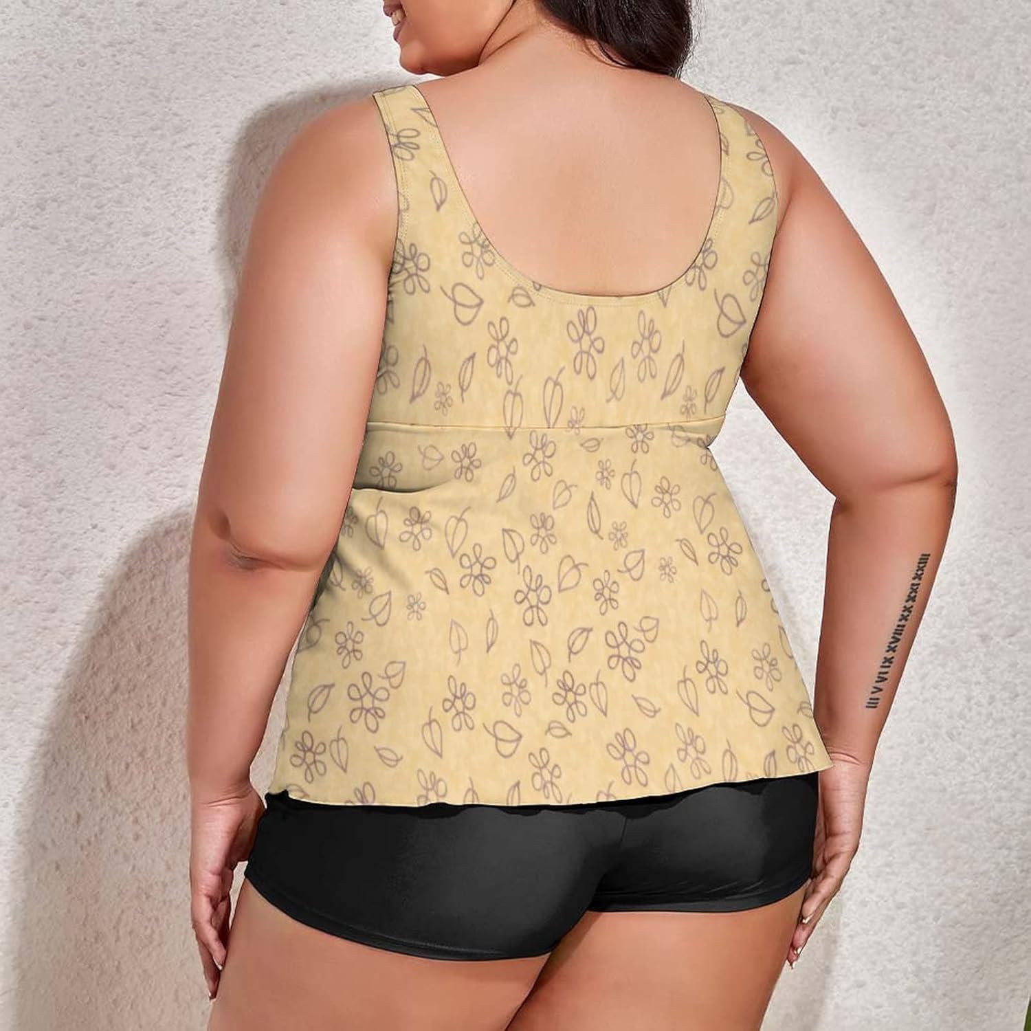 Women Plus Size Tankini Swimsuits Tropical Yellow Flowers 2 Piece Swimdress Bathing Suits with Shorts Tummy Control Swimwear