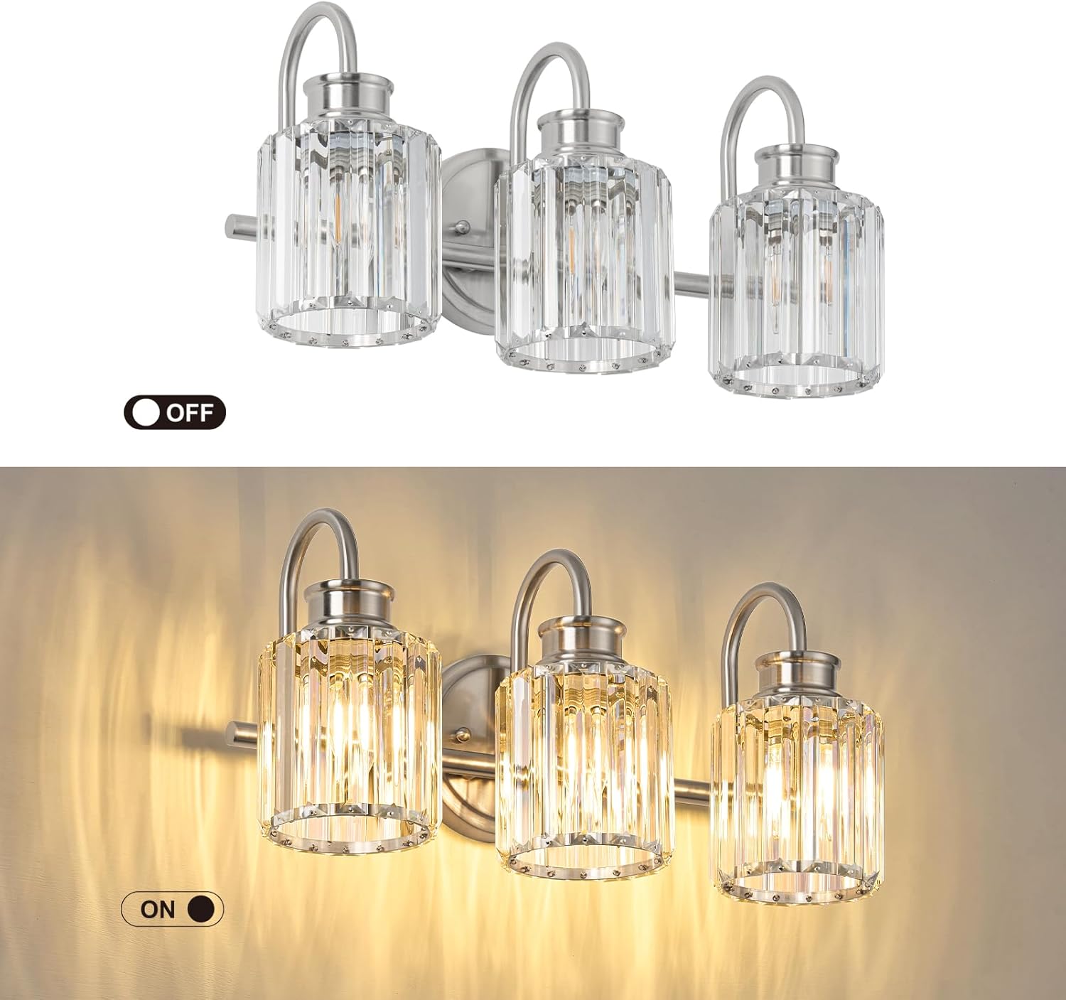 Brushed Nickel Bathroom Light Fixtures with K9 Crystal Lampshade Bathroom Lighting Over Mirror Vanity Lights for Living Room,Bedroom,Restroom,Hallway 3 Lights