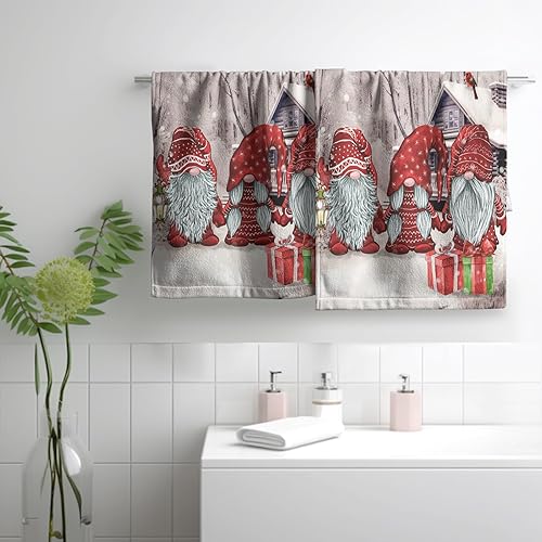 Miniatura 6 de Toallas de mano de gnomos de invierno para baño, diseño de pájaros cardenales rojos, copos de nieve, toallas de cocina de bosque nevado rosa,