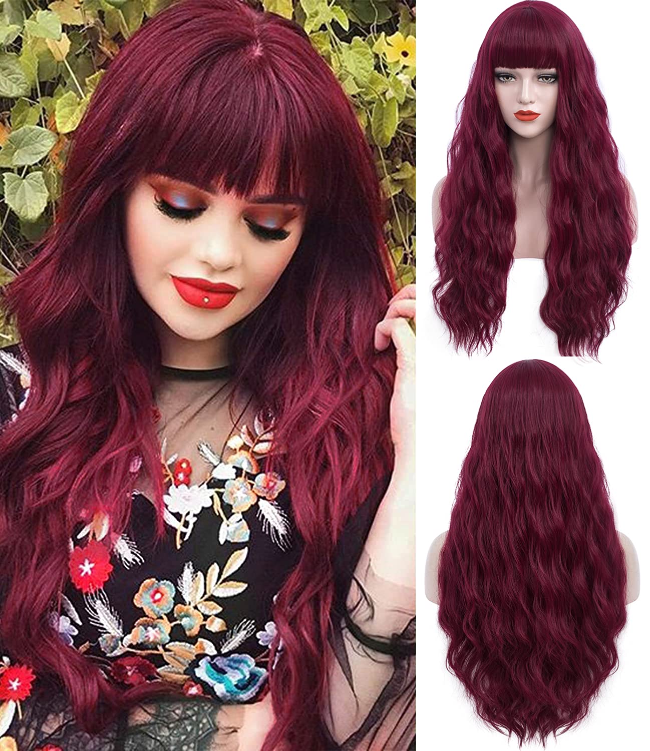 Mildiso001R Women's Long Curly Wig with Fringe and Wig Net for Women Super Natural Full Synthetic Hair Burgundy Burgundy Wig Children