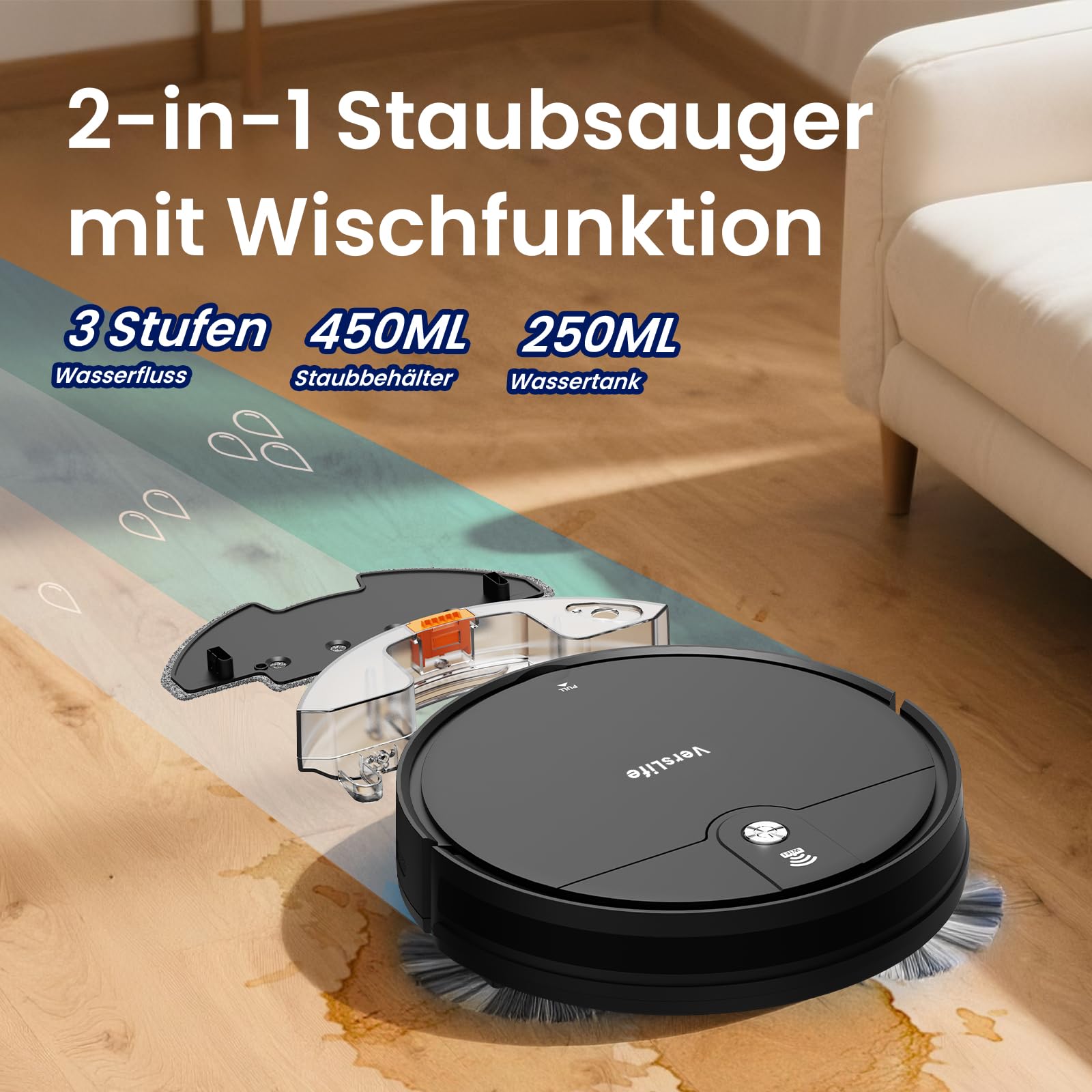 VersLife L6 Saugroboter mit Wischfunktion, 4000Pa Staubsauger Roboter | App Steuerung, Alexa, 120 Mins MAX, Ultraflaches Design, Saug und Wischroboter für Tierhaare, Teppiche und Hartboden