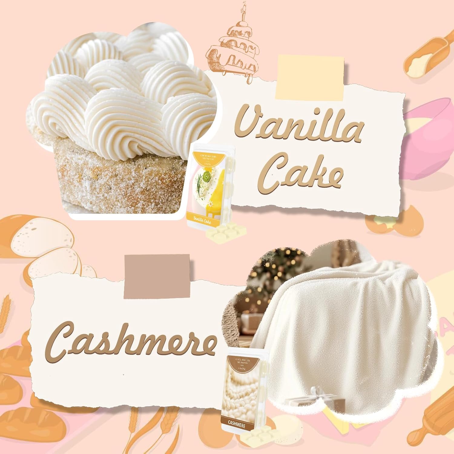 SCENTORINI Wax Melts, Scented Wax Cubes for Warmer, Fall Scents 8 Pack | 4 Cashmere & 4 Vanilla Cake Soy Wax Melts, Home Fragrances New Year, Valentine's Day Gifts Set for Family, Lovers