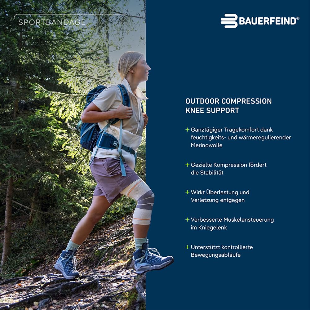 BAUERFEIND Knie Sleeve zum Wandern „Outdoor Compression Knee Support“, 1 Unisex Kniebandage zur Wanderausrüstung, Rechts & Links tragbar, Wanderbandage mit Merino Wolle