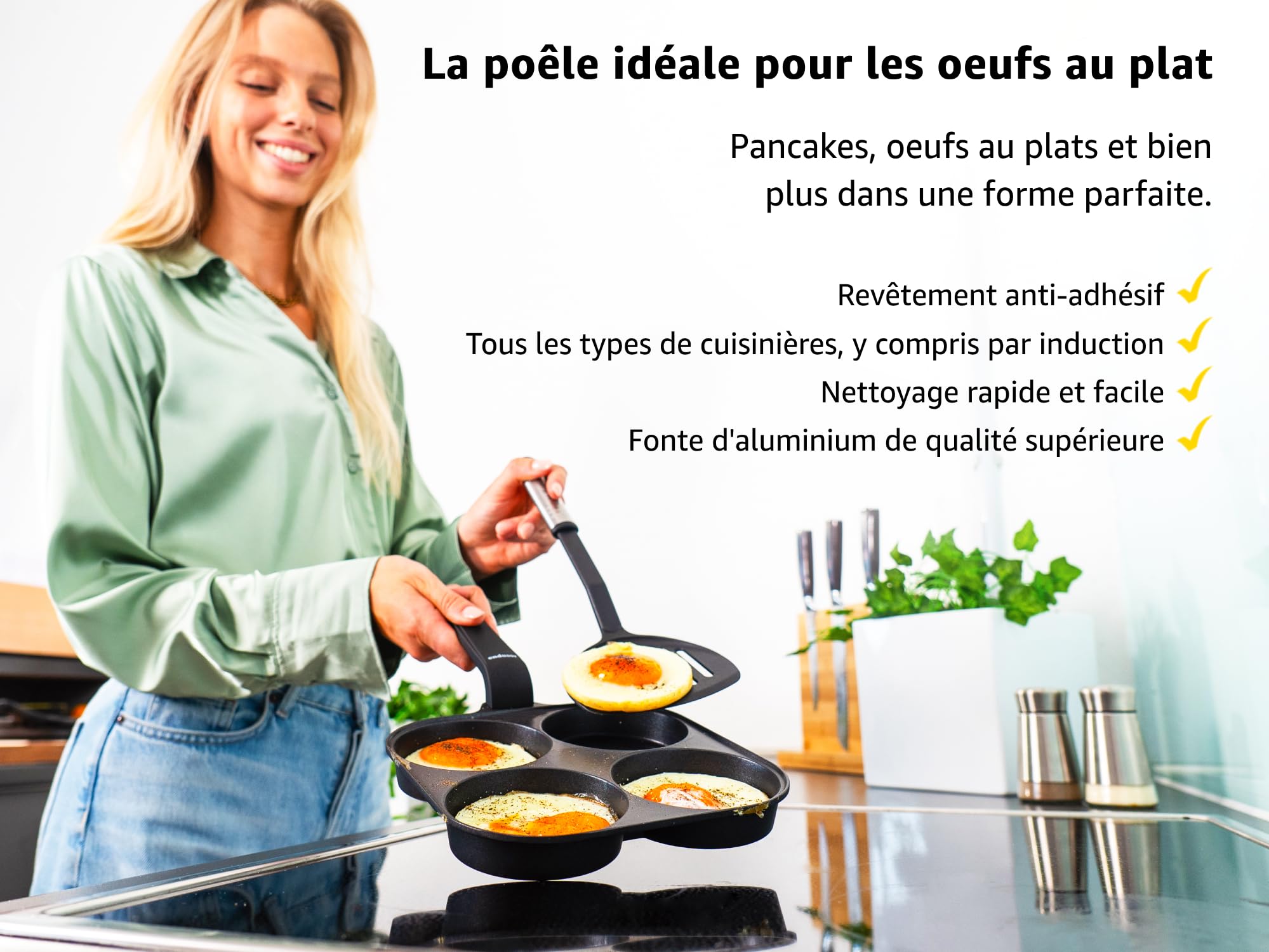 endusor Poele Pancakes et oeuf au plat - Poele de 21 cm adaptée à toute cuisinière + revêtement anti-adhésif & couvercle | Induction Gaz Céramique Électrique Halogène | 4 trous pour oeuf crêpe