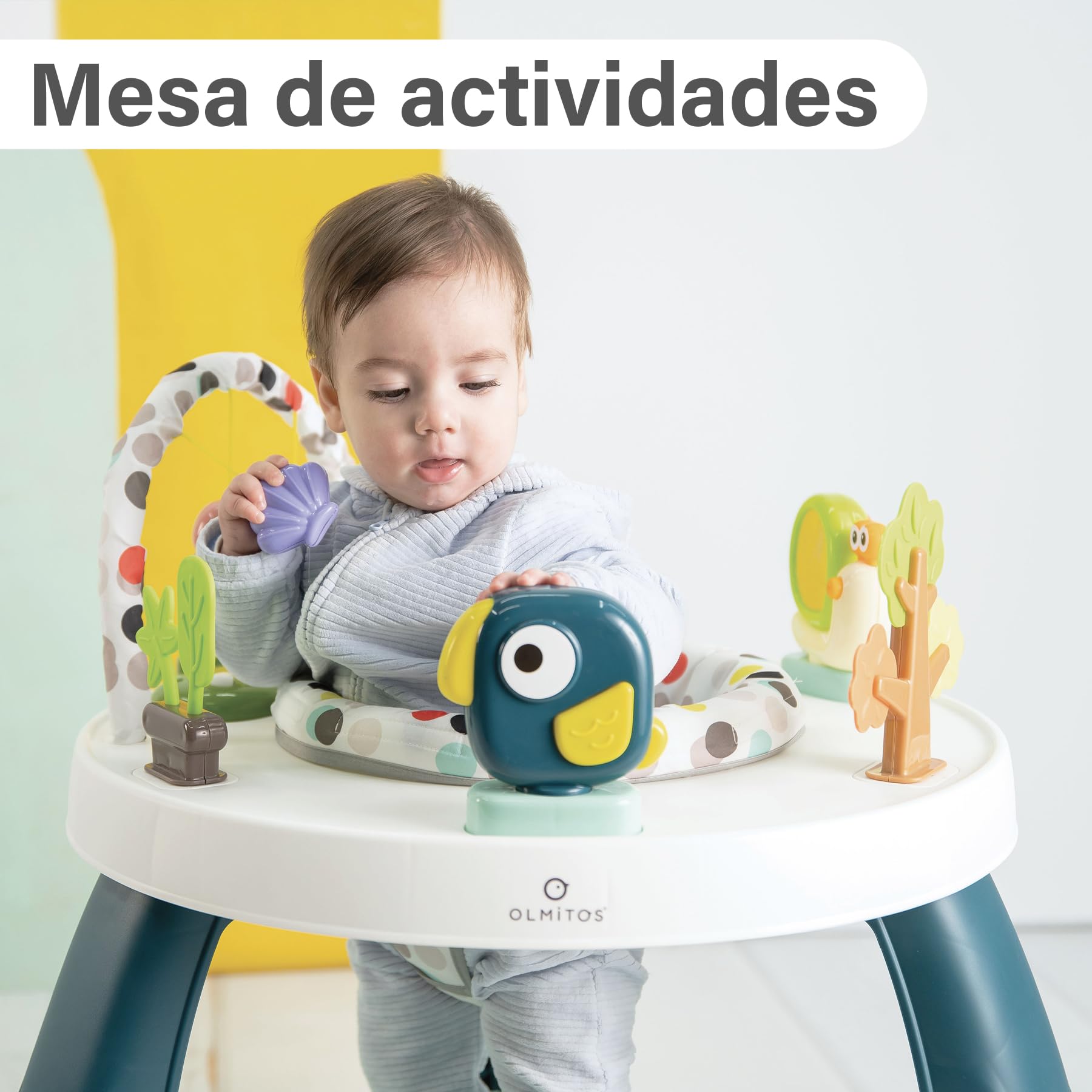 Olmitos - Centro de Actividades 2 en 1 para bebé con Saltador CROK - Mesa de Juegos y Juguetes Desmontables | Asiento Giratorio 360º y Plataforma Ajustable (Dots)