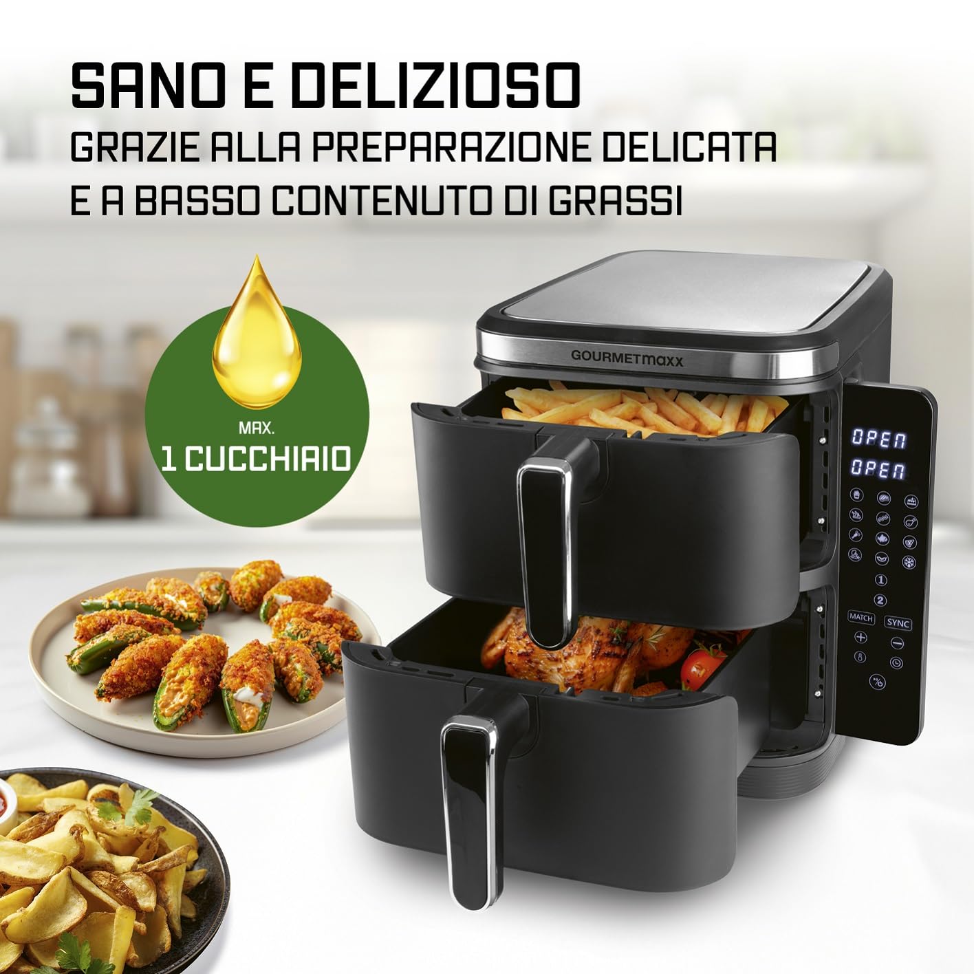 GOURMETmaxx FryUp Friggitrice verticale ad aria calda a doppia camera | Friggitrice 10 litri | 4 piatti su 4 livelli | Display touch richiudibile | 32% in più di risparmio di spazio | Calda 2 camere