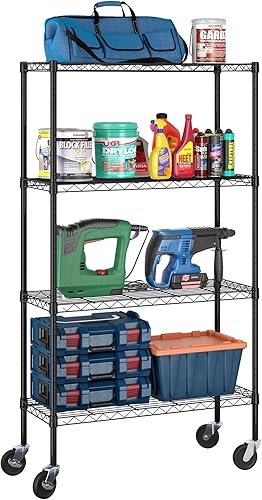 Furinno Wayar - Carrito de almacenamiento de metal de 4 niveles con ruedas, 36 x 14 x 58 pulgadas, color negro