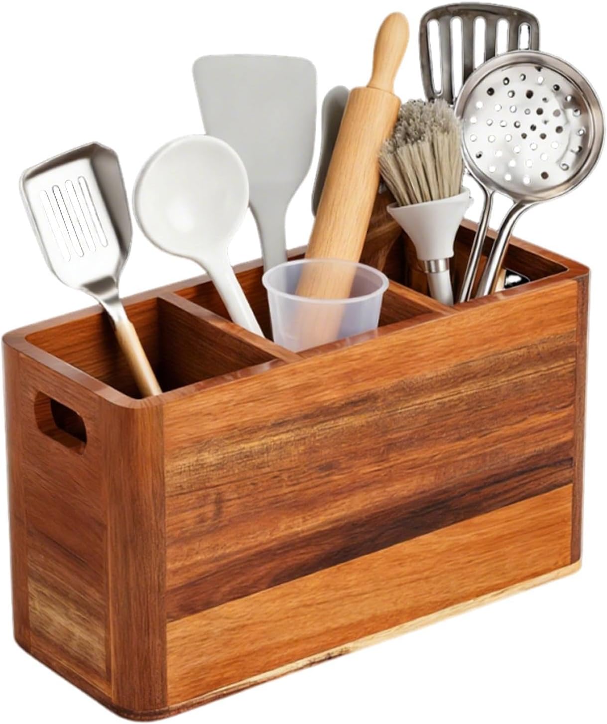 Utensil Holder Counter Organizer, Wooden Kitchen Storage With Drainage Holes And Multi Compartment Design, Spoon Spatula Cutlery Holder For Cooking Tools Home Table Cabinet Pantry Use