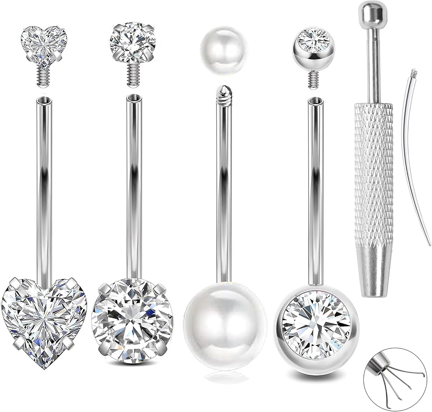 Long and Extra Long Bar Belly Button Ring Internal Thread Hypoallergenic Surgical Stainless Steel 14mm 16mm 14 Gauge Navel Rings Cubic Zirconia Simple Belly Button Piercing Jewelry for Women Men