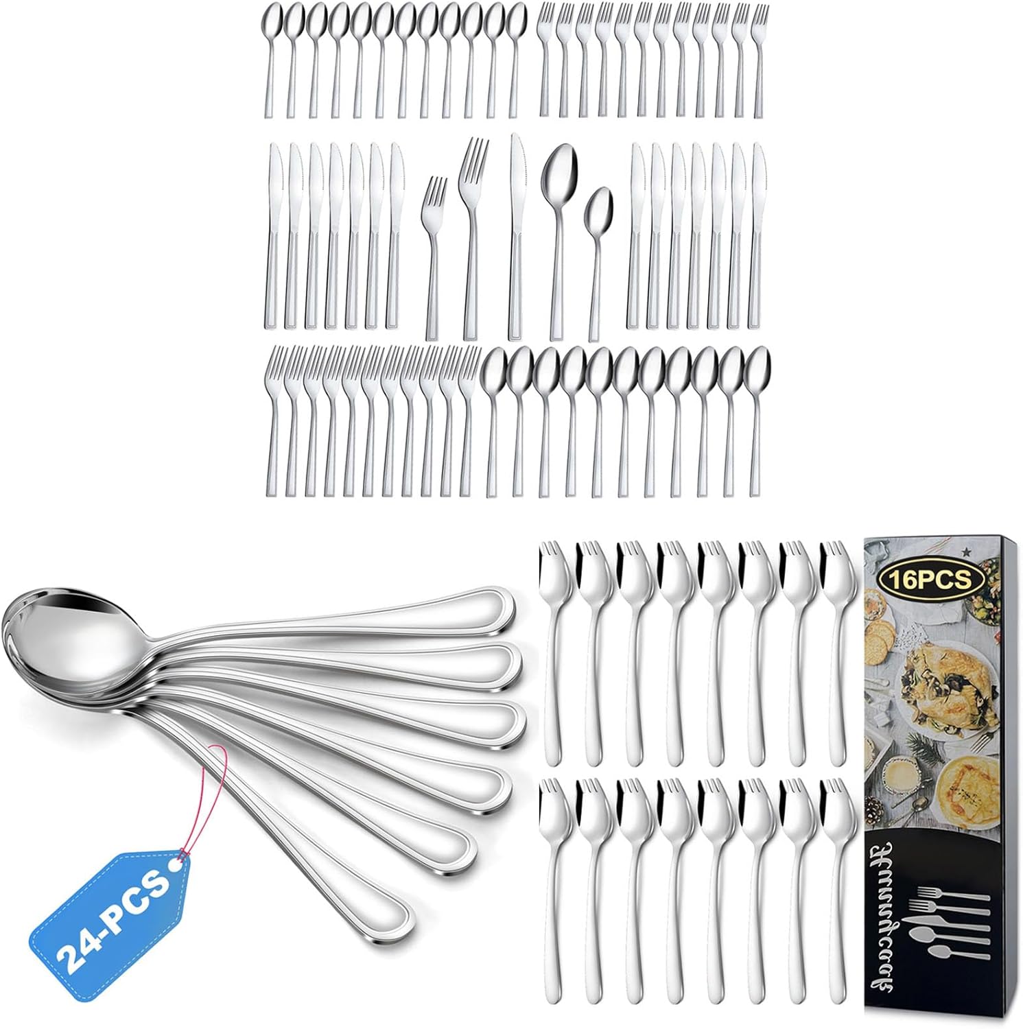 100-Piece Kitchen & Dining Bundle – 60-Piece Stainless Steel Silverware Set, 24P 6.9" Soup Spoons, 16P 7.2" Metal Sporks, Dishwasher Safe
