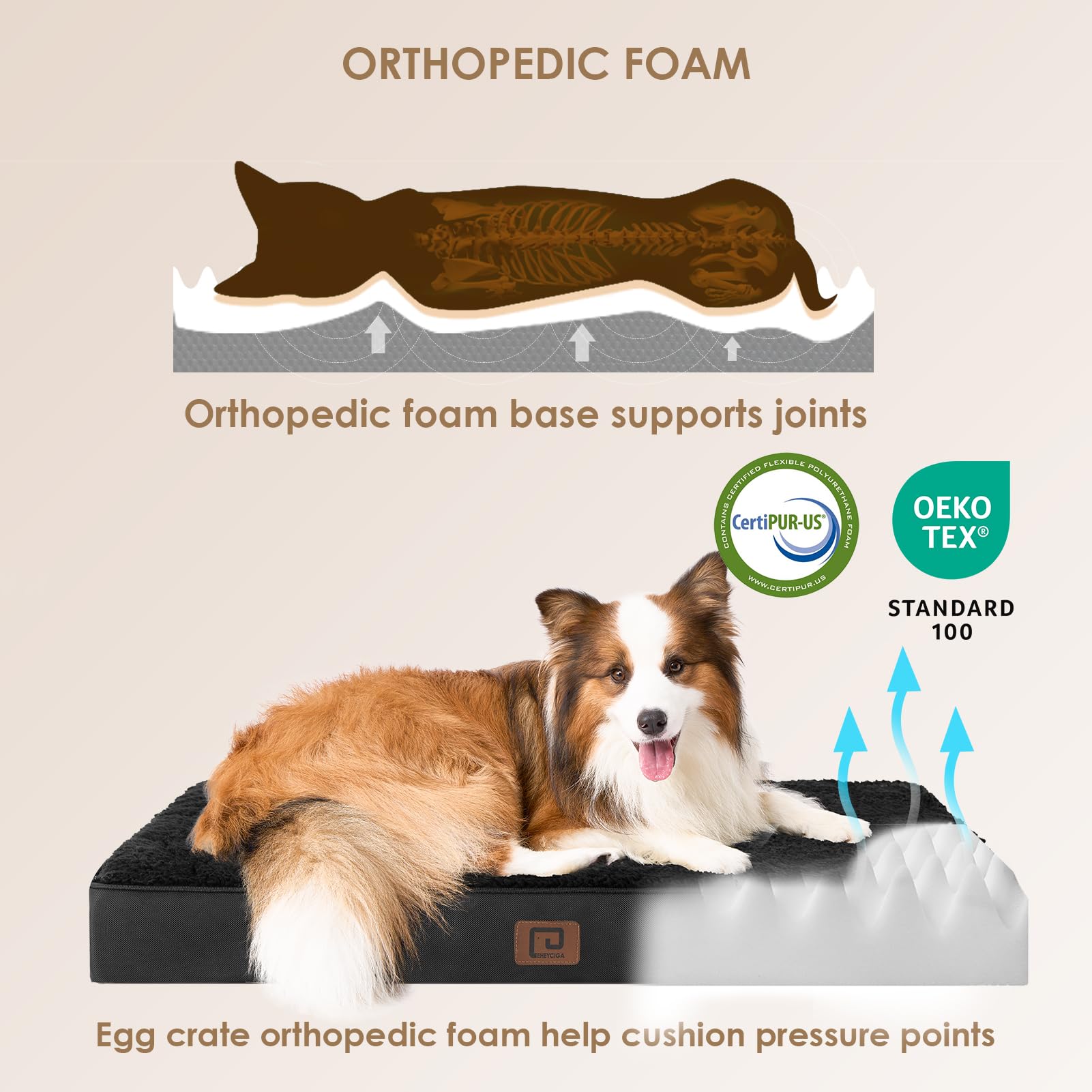 EHEYCIGA Cuccia Cane Interno Taglia Grande XXL, (120L x 74W cm) Ortopedica Cuscino per Cani, Cuscino Cane Sfoderabile e Lavabile, Ortopedico Lettino per Cani, Orthopedic Dog Bed, Nero