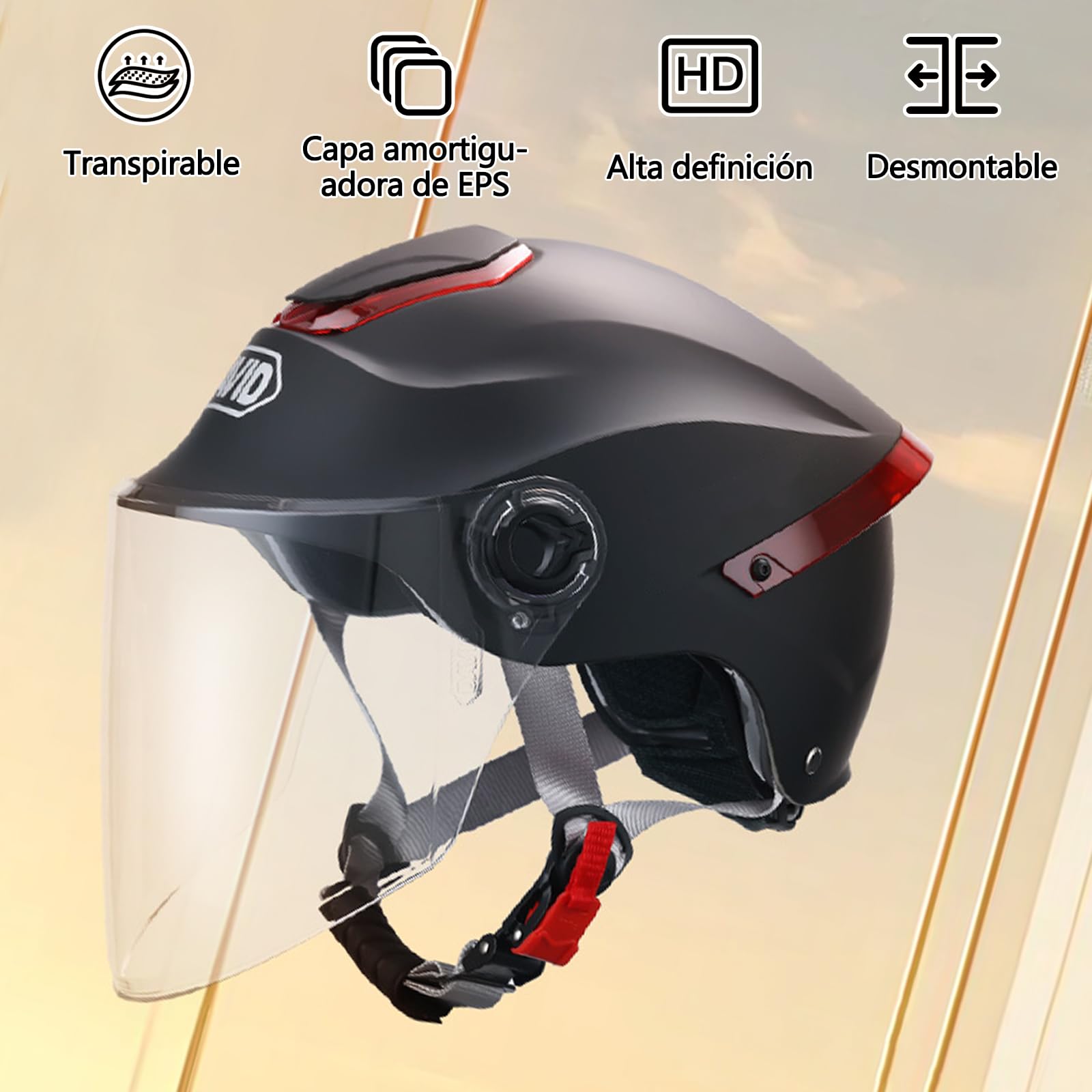 Casco Abierto clásico, Medio Casco con Visera, Hebilla de 7 Secciones, Carcasa de 709abs combinada con Capa de amortiguación Eps