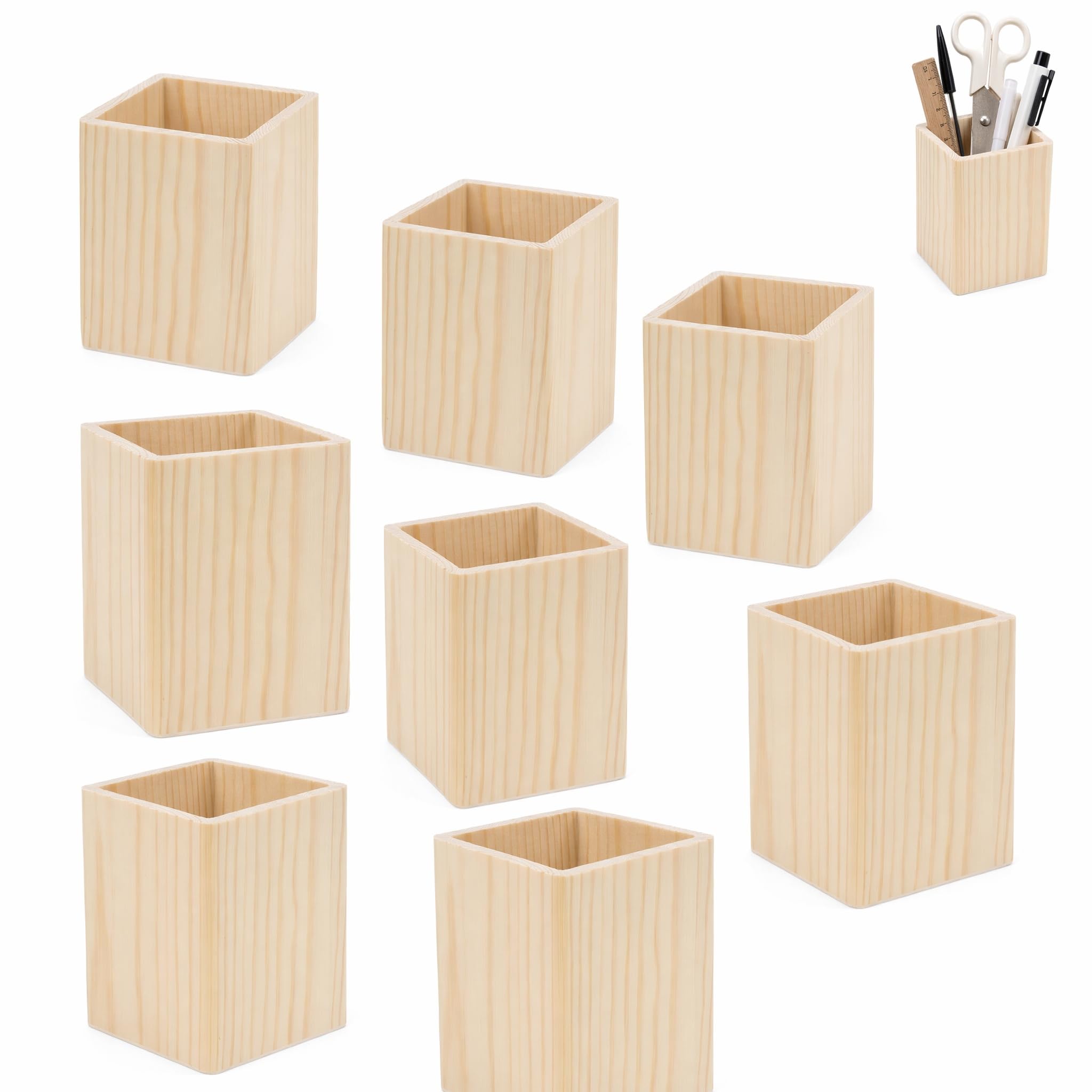 8Pcs Wooden Square Pencil Holders, 10×8×8cm Desk Organisers for Office