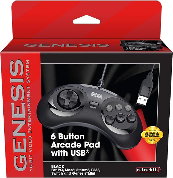 Retro-Bit Official Sega Genesis USB Controller 6-Button Arcade Pad for Sega Genesis Mini, PS3, PC, Mac, Steam, Switch - USB Port - (Black)