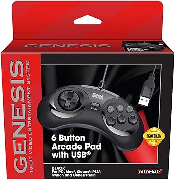 Retro-Bit Official Sega Genesis USB Controller 6-Button Arcade Pad for Sega Genesis Mini, PS3, PC, Mac, Steam, Switch - USB Port - (Black)
