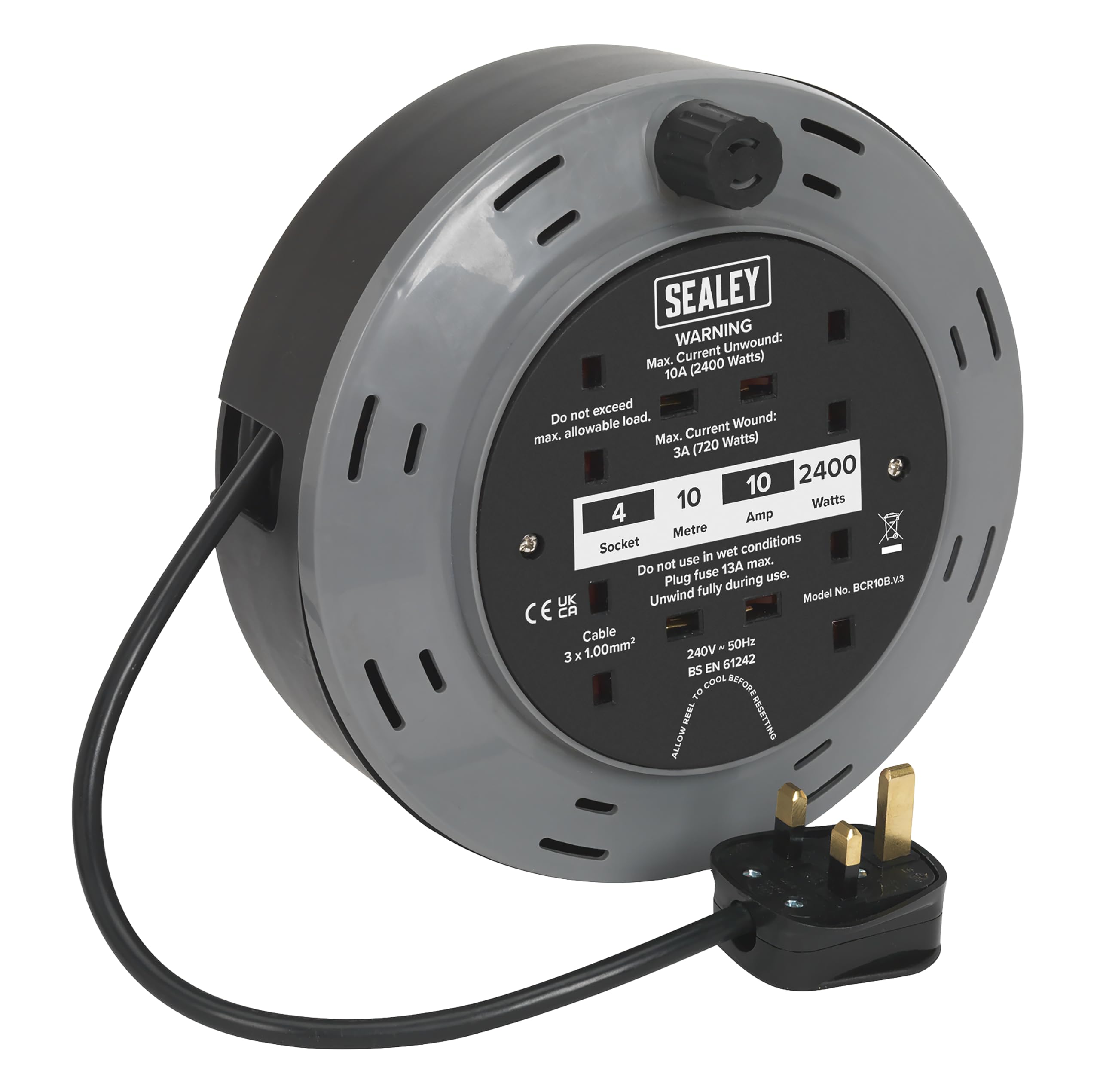 Sealey Cassette Type Cable Reel 10mtr 4 x 230V 1.00mm² Thermal Trip