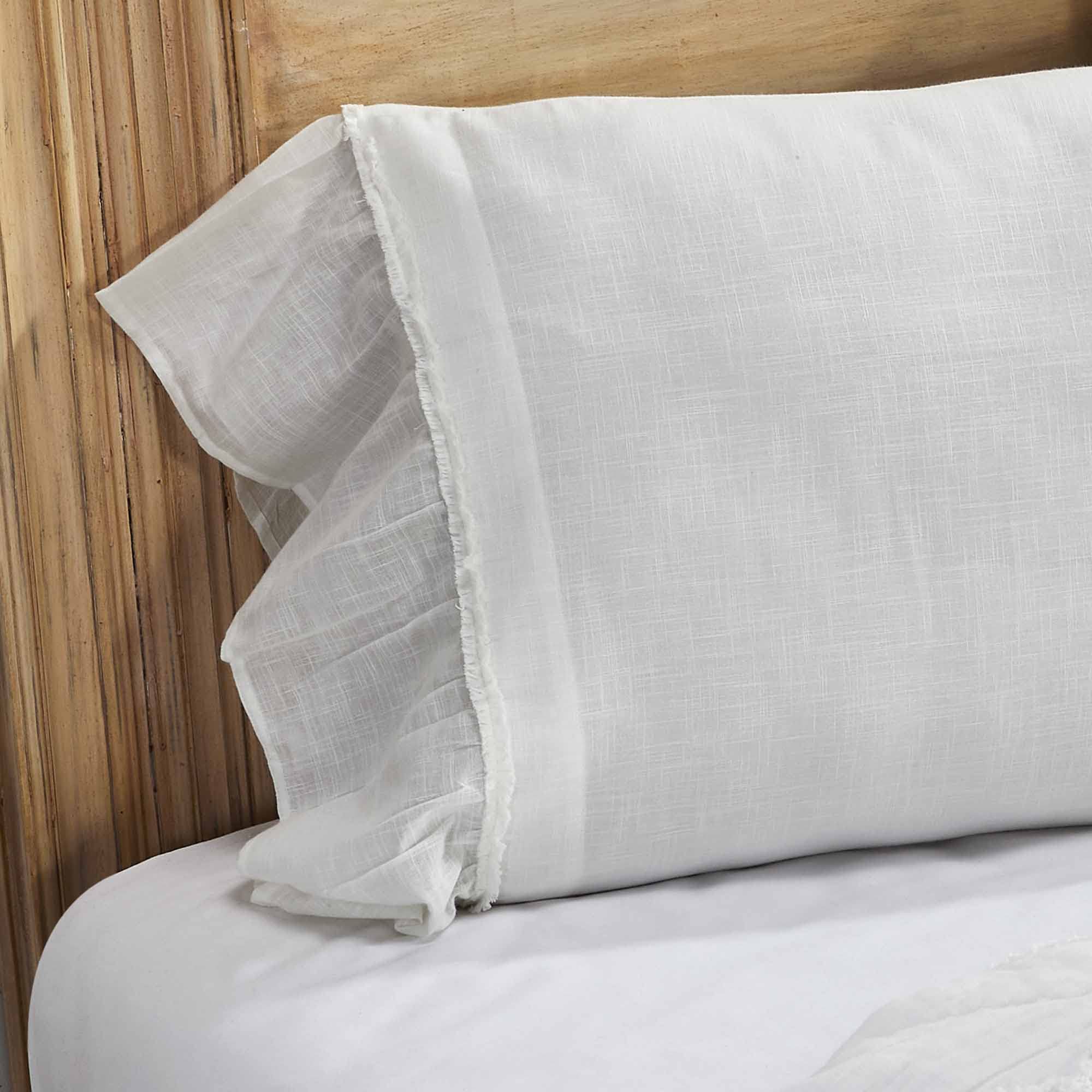 Kathryn - Juego de 2 fundas de almohada estándar con volantes, tela suave y textura de aspecto de lino blanco, estilo vintage, casa de campo