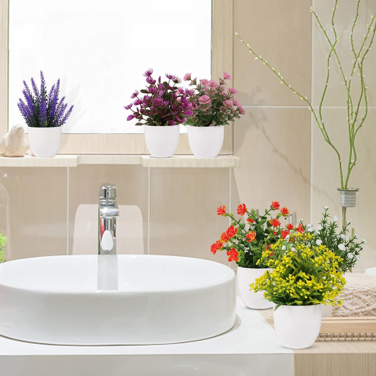 Artificial Small Plant 6pcs Fake Flower Potted Plant Bathroom Faux Plant for Indoor Decor Window Tabletop Office Colorful Flower - Image 6