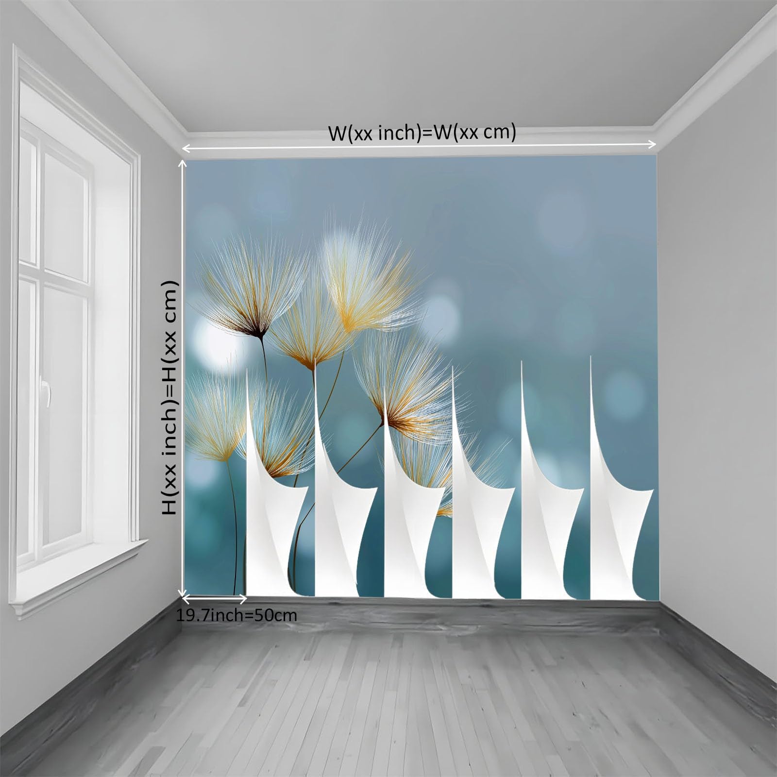 Generisch Tapeta panoramiczna 3D 350 x 256 cm (szer. x wys.), do salonu, sypialni, niebiesko-szara, odporna na promieniowanie UV tapeta z włókniny na ścianę – abstrakcyjne, ciepłe rośliny, mniszek