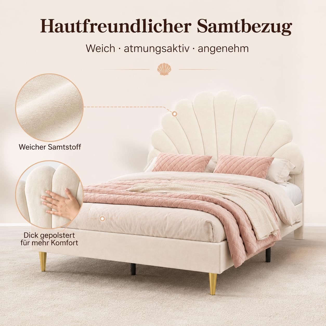 Polsterbett 140x200 mit Kopfteil in Blumenform, Doppelbett 140x200 für Mädchen, Kinderbett Bettgestell mit Lattenrost, Jugendbett Gästebett aus Samtstoff, für kinder/Erwachsenen, Ohne Matratze