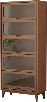KungFuWood Solid Wood Bookcase with Tempered Glass Doors Spacious 5-Tier Storage Shelf with Glass-Front Design, Flip-Top Hidden Doors for Apartments & Home Offices 72 Inches Tall
