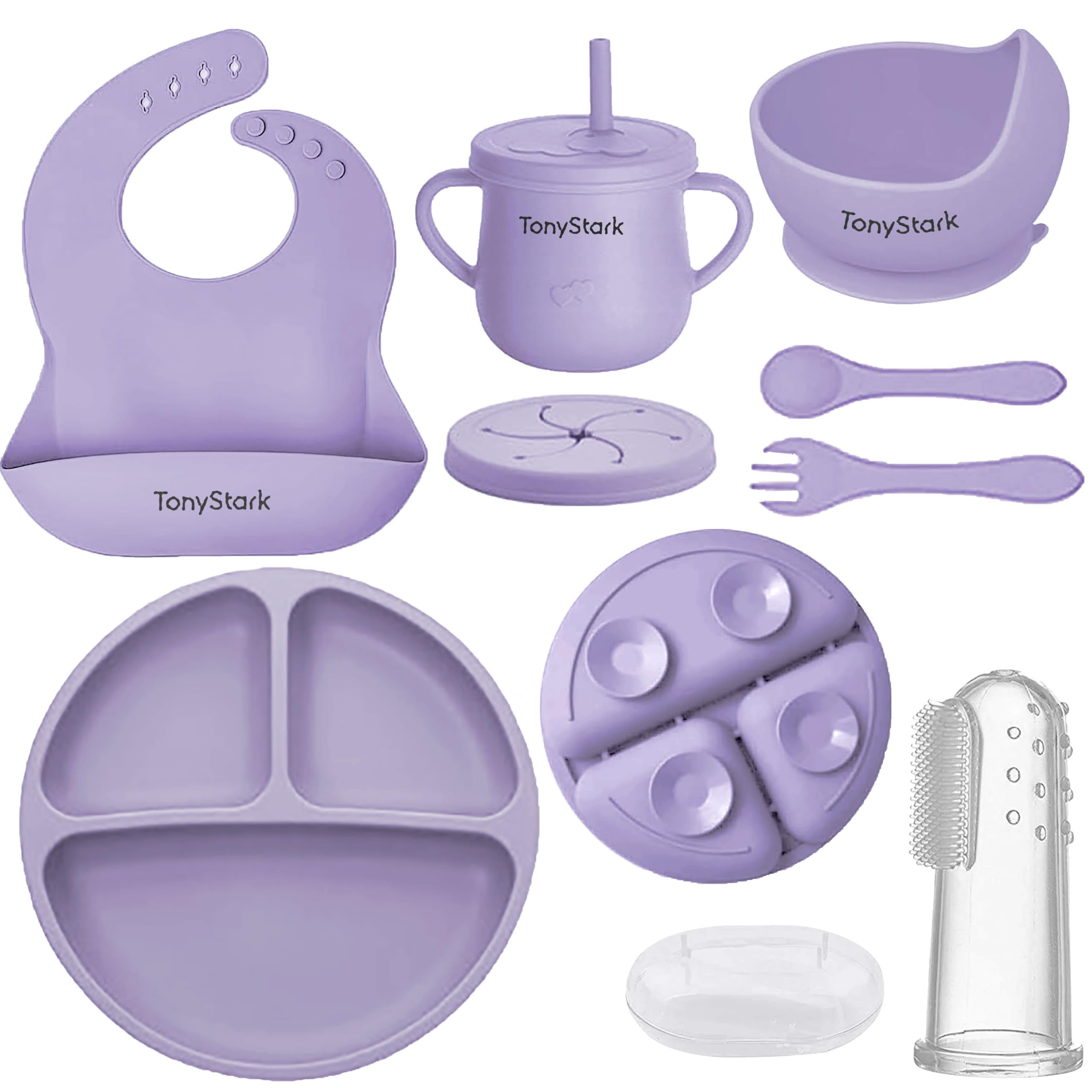 Tony Stark 7 Pcs Silicone Baby Feeding Set Bpa-Free,Microwave Safe,Anti-Slip Base | Complete Tableware Kit for Babies & Toddlers with Suction Plate,Bowl,Cup, Spoon,Fork & Bib (Lavender)