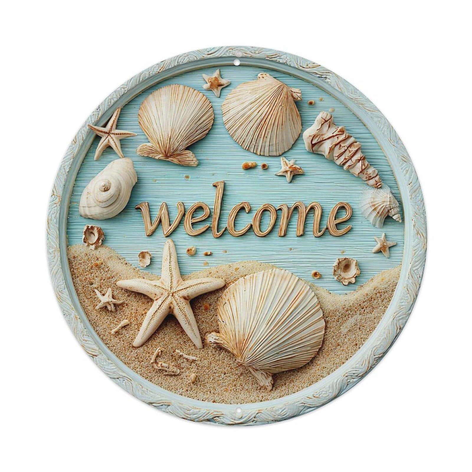 Seashell Starfish Sand Welcome Pattern Round Tin Sign Vintage Metal Sign Home Bar Garden Indoor & Outdoor Wall Decor Retro Metal Poster 8x8 Inch