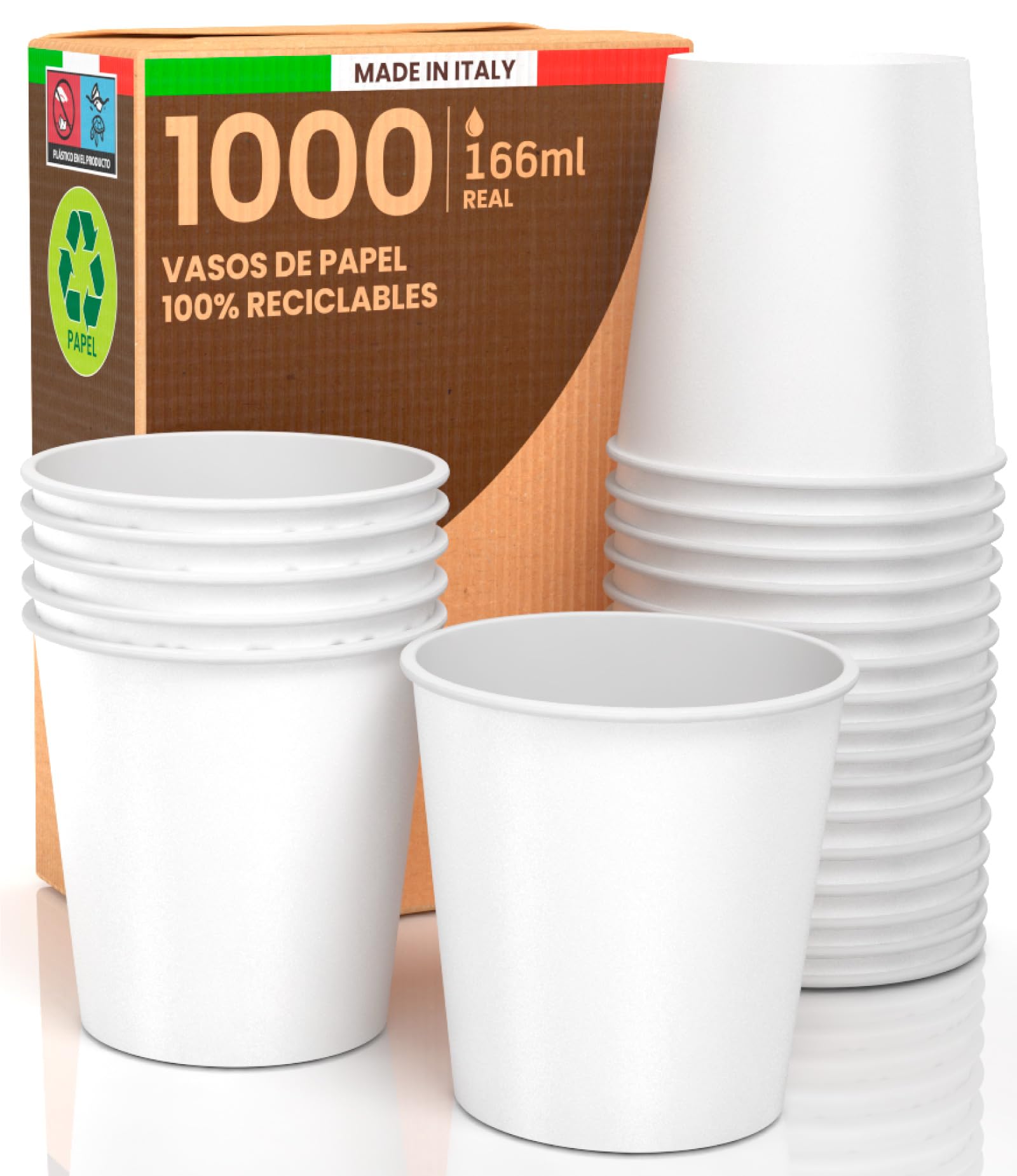Eurocali 1000 vasos de papel blancos de 166 ml – Ecológicos biodegradables desechables, fabricados en Italia para bebidas calientes y agua – Fabricado y envasado en Italia