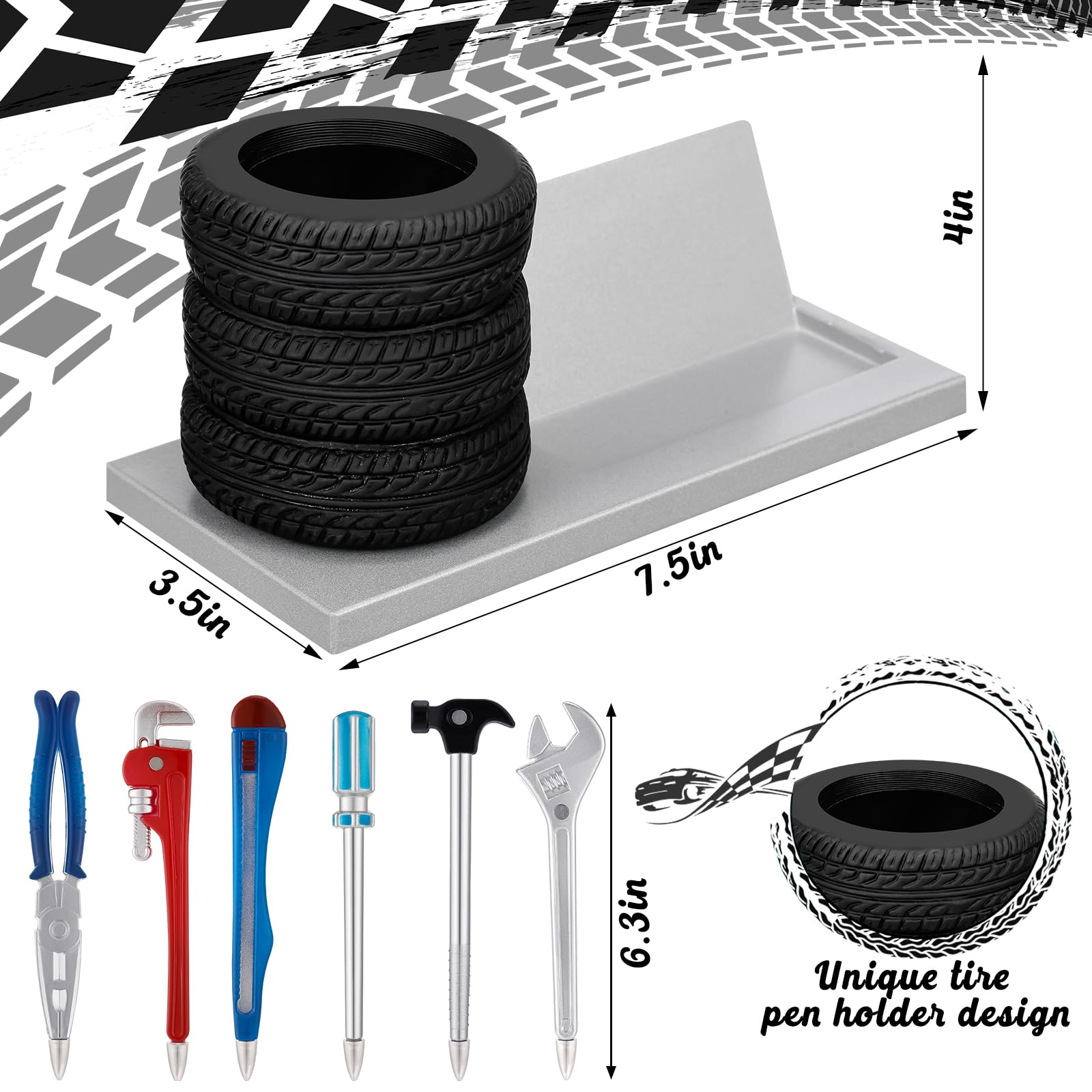 Feifeiya Juego de 7 piezas de papelería en forma de neumático, soporte para bolígrafos de neumáticos, soporte para tarjetas de visita para coche, bolígrafos de herramientas de negocios, regalos