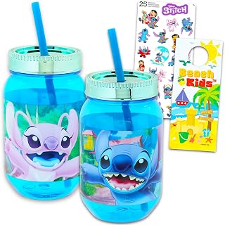Lilo and Stitch Water Cups - Bundle with 2 Stitch and Angel Cups with Lid and Straw for Home Plus Stickers, More | Disney Mason Jar Cup Pack for Kids