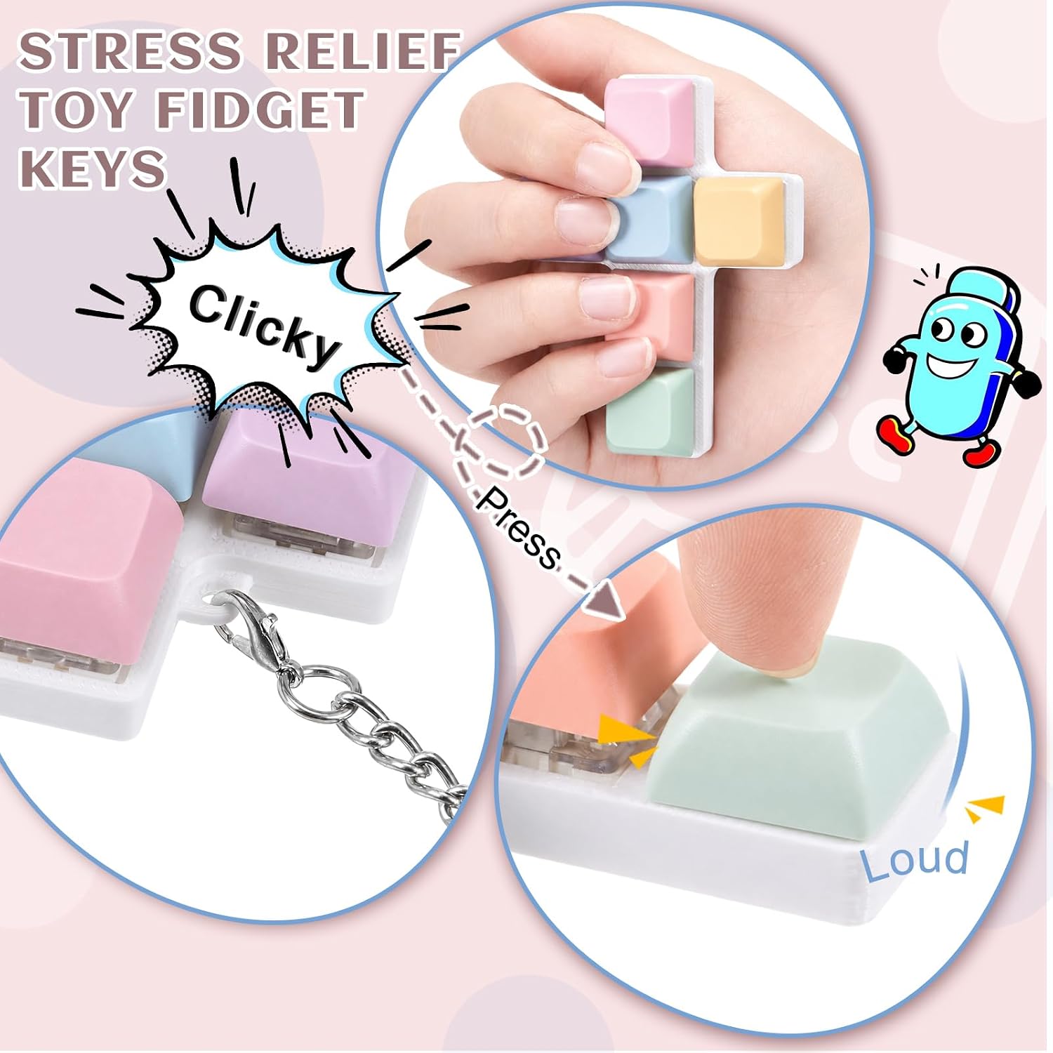 Taiyin 2 Pcs Keyboard Fidget Toy Clicker Fidget Keychain, 6-Key Cross image 5