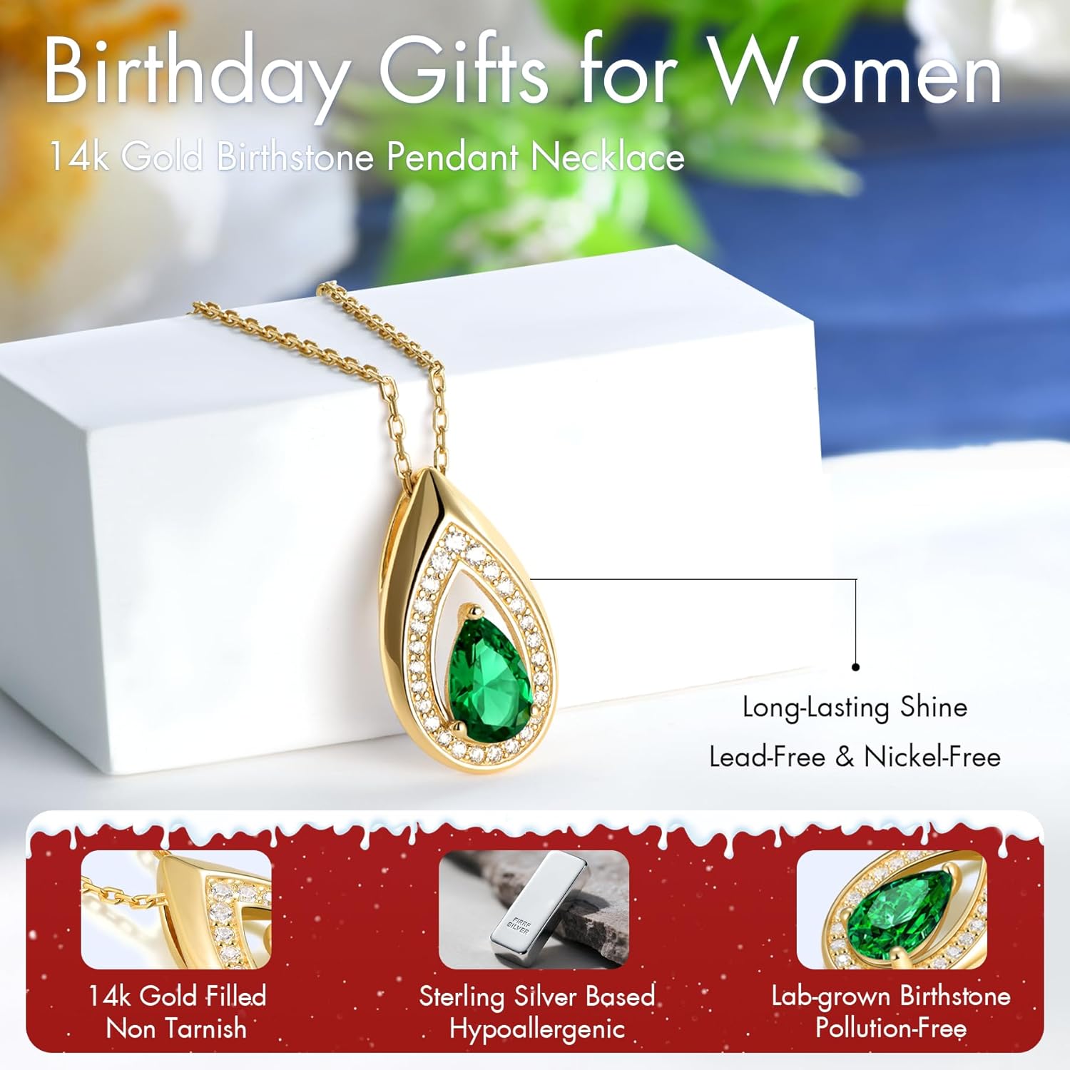 Birthday Jewelry Valentine's Day Gifts for Wife/Girlfriend - 14K Gold/White Gold Lab-Grown Moissanite/Emerald/Birthstone Pendant Necklaces for Women, Classic Style Non Tarnish 16"+2" Adjustable - Image 5