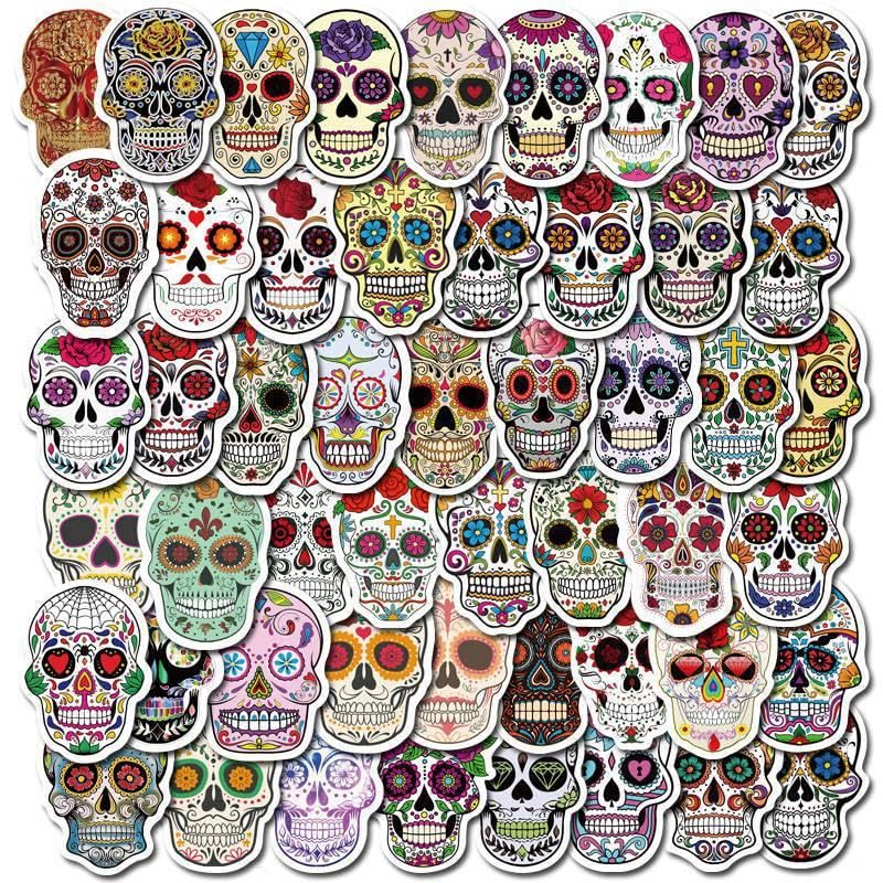 50-Pack Mexican Sugar Skull Stickers - Vibrant Day of The Dead Designs Waterproof Vinyl for DIY Crafts Laptops Water Bottles (Skull)
