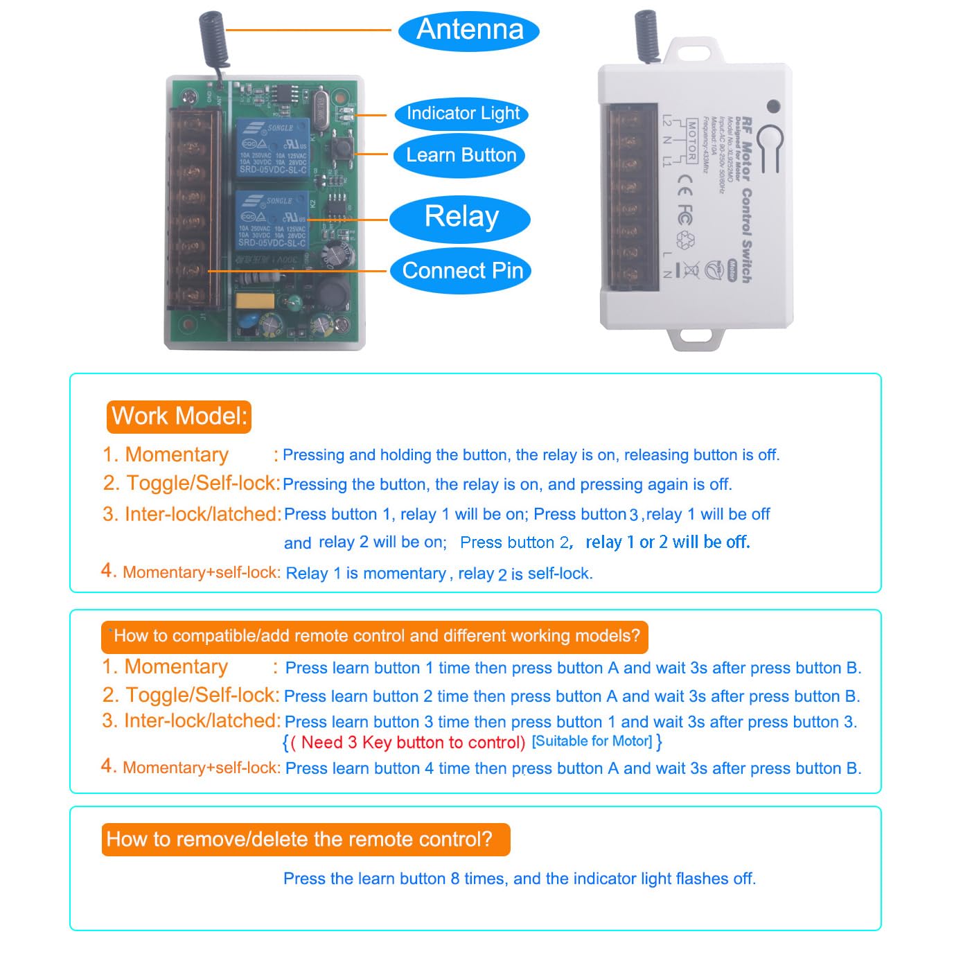 Interrupteur de télécommande de moteur à courant alternatif, interrupteur de relais sans fil 110V 220V 250V 10A pour le déplacement du moteur vers l’avant et vers l’arrière (2 * contrôleur 433 Mhz)