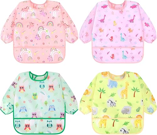 Miniatura 12 de Accmor Paquete de 4 baberos de manga larga, baberos impermeables para bebé de 6 a 36 meses Alce Amarillo/Cactus Verde/Cerdo Naranja/Flamenco