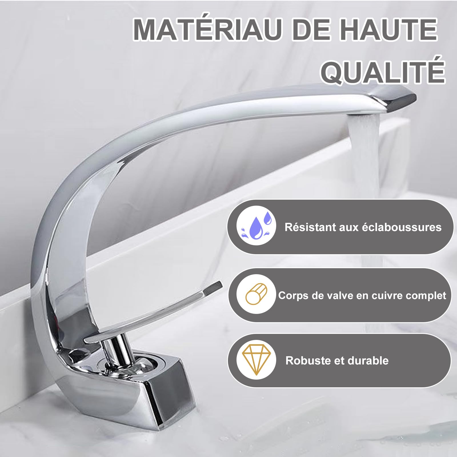 Robinet d'évier de salle de bain en chrome avec tuyau d'alimentation, robinet de lavabo monotrou à conception unique, mitigeur de lavabo
