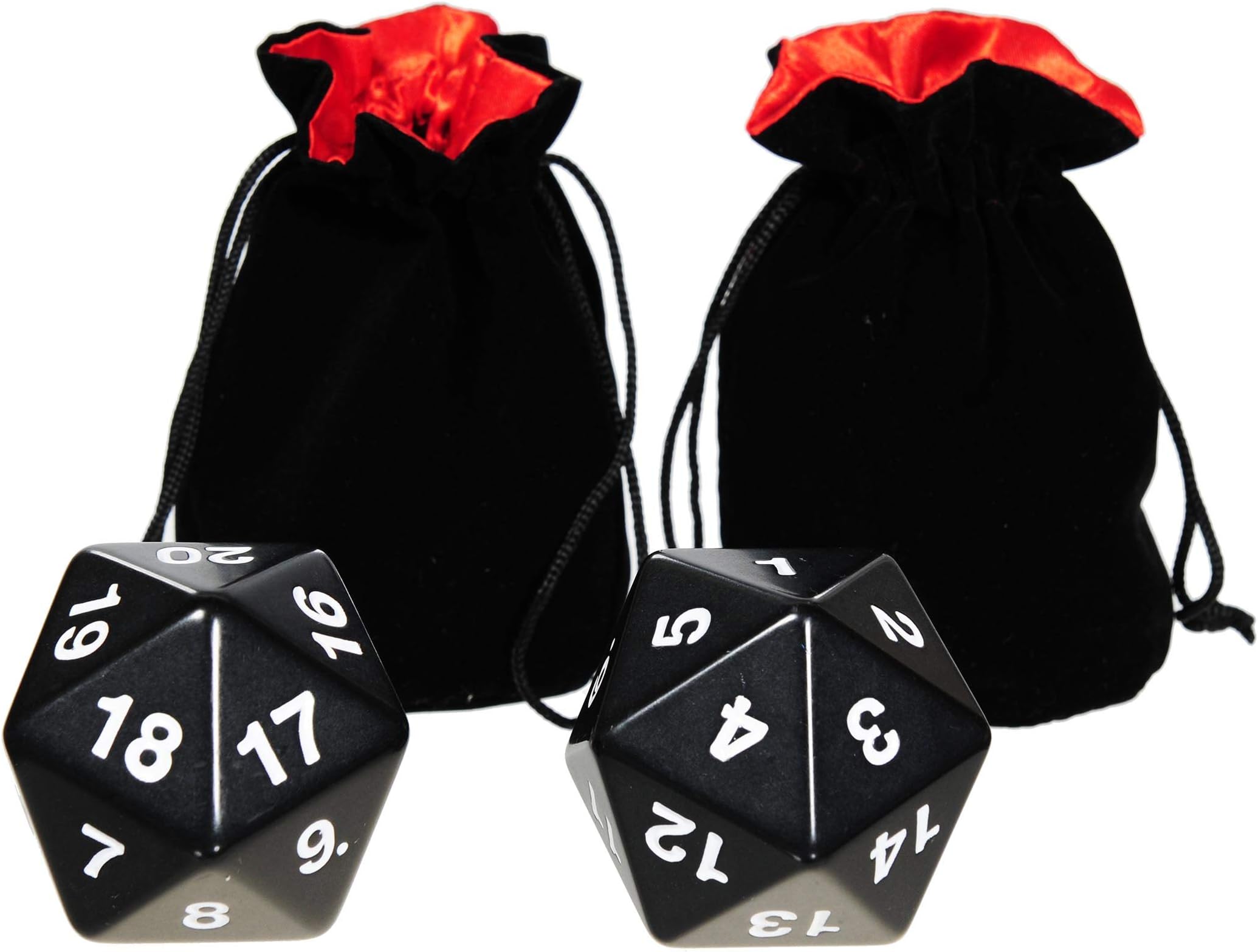 Jumbo D20 Solid Black 55mm, Set of 2 Dice || Bonus 2 Black Velvet w/ Red Satin Lined Dice Pouches || Bundled Item