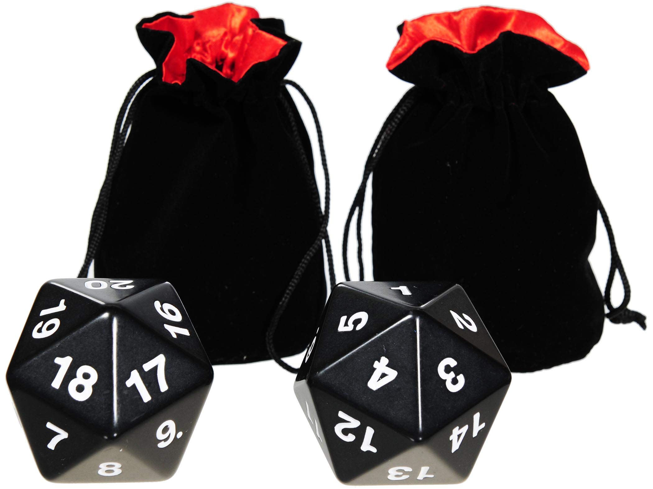 Jumbo D20 Solid Black 55mm, Set of 2 Dice || Bonus 2 Black Velvet w/ Red Satin Lined Dice Pouches || Bundled Item