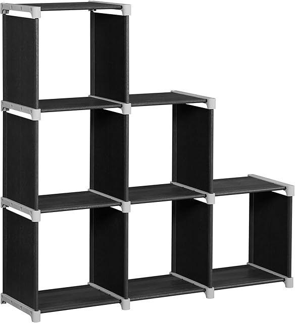 SONGMICS 6-Cube Bookcase, DIY Cube Storage Rack, Staircase Organiser in Living Room, Bedroom, Childrens Room, Study, for Toys and Daily Necessities, Room Divider, Black LSN63H